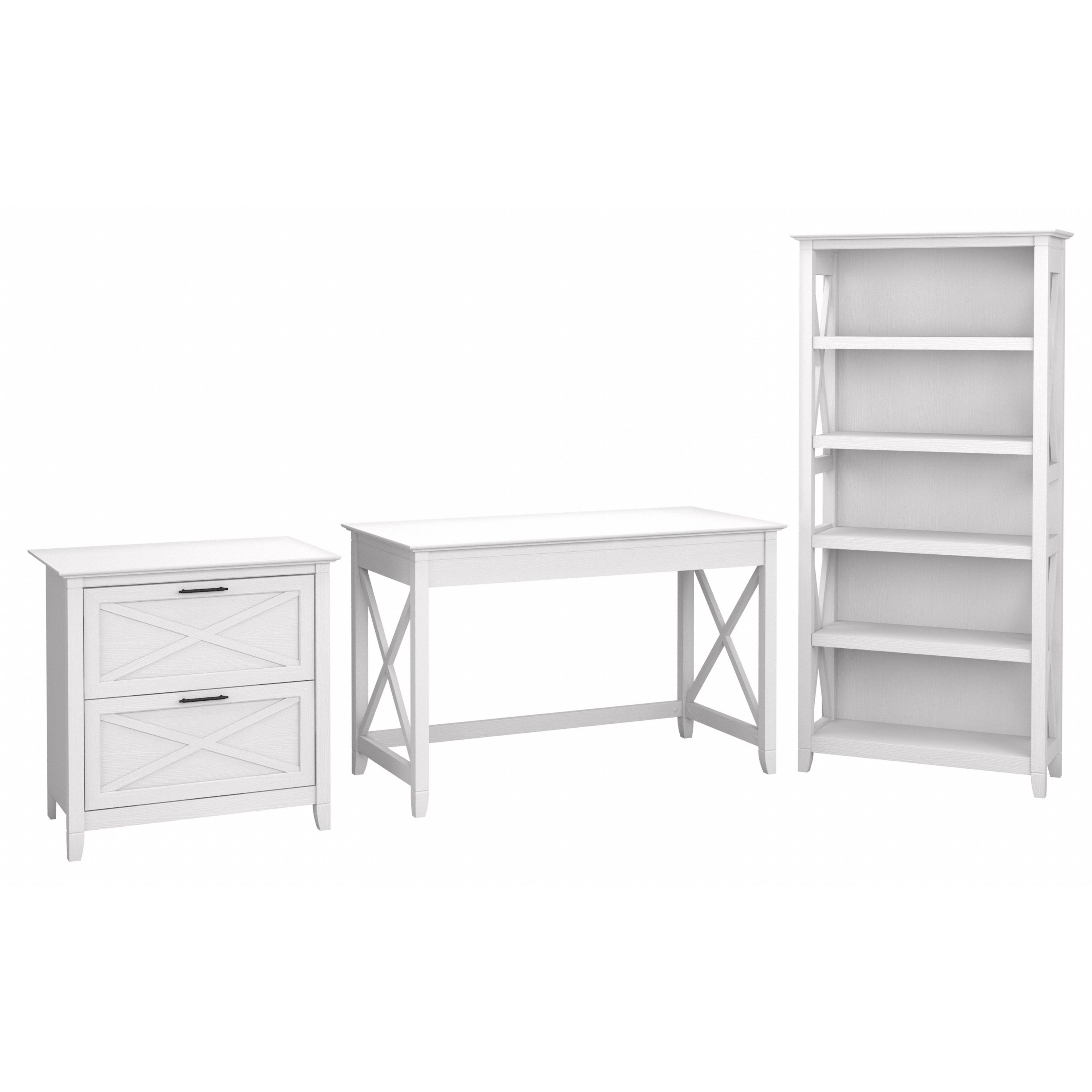 Shop Bush Furniture Key West 48W Writing Desk with 2 Drawer Lateral File Cabinet and 5 Shelf Bookcase 02 KWS004WT #color_pure white oak