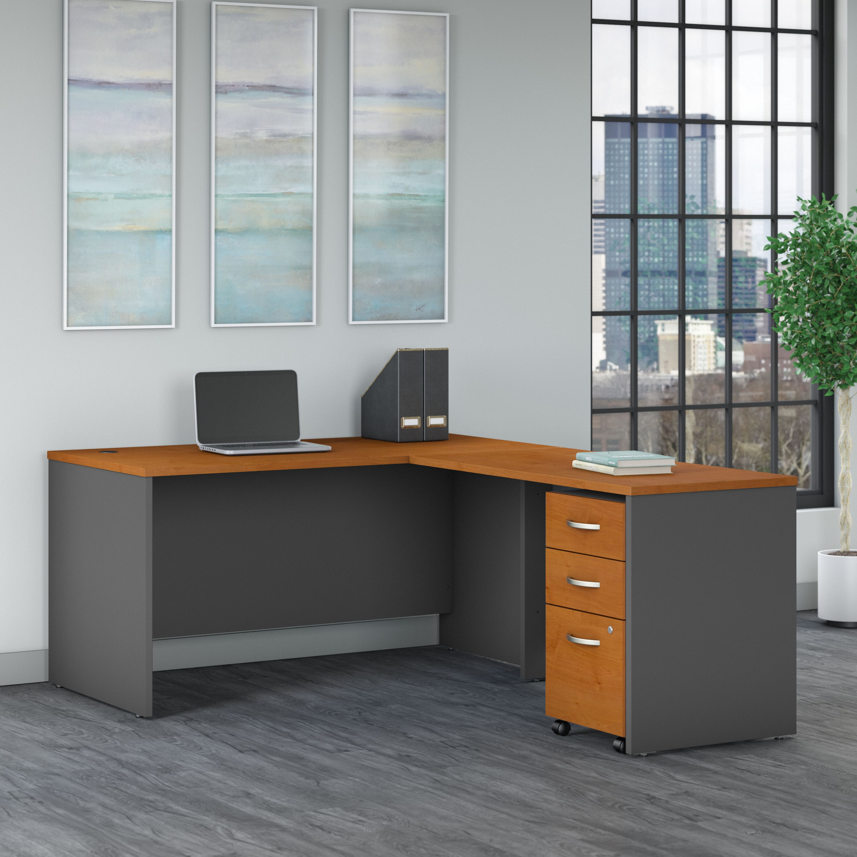 Shop Bush Business Furniture Series C 60W L Shaped Desk with 3 Drawer Mobile File Cabinet 01 SRC146NCSU #color_natural cherry/graphite gray