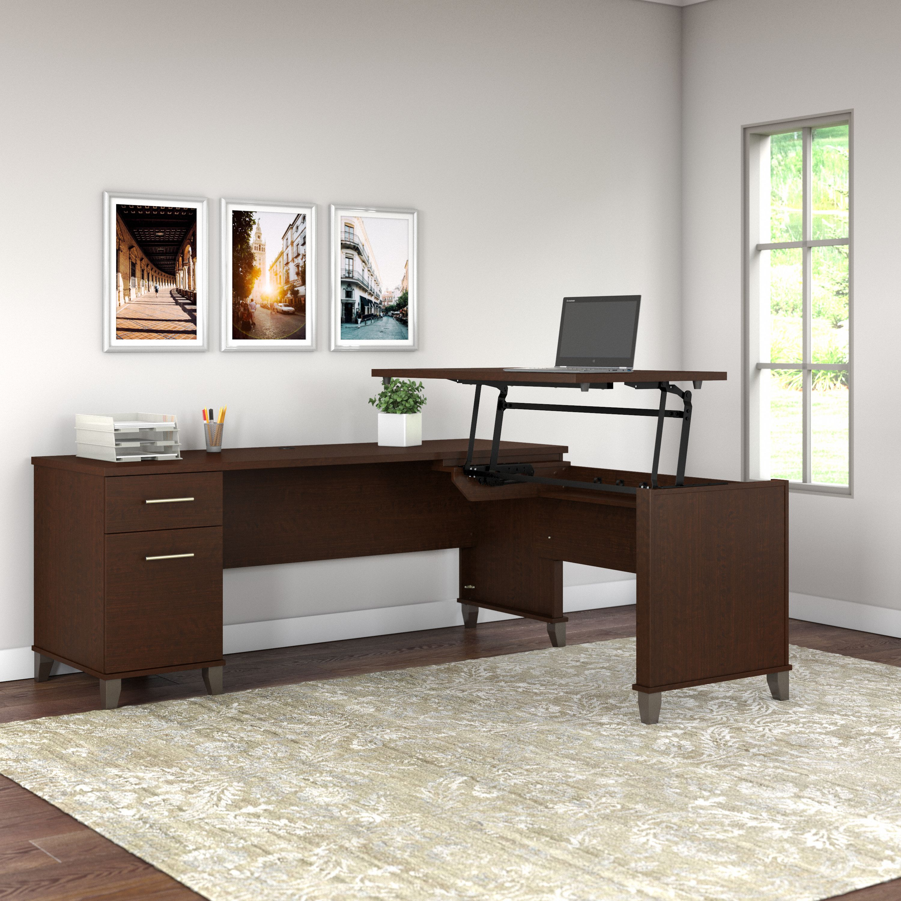 Shop Bush Furniture Somerset 72W 3 Position Sit to Stand L Shaped Desk 01 SET014MR #color_mocha cherry