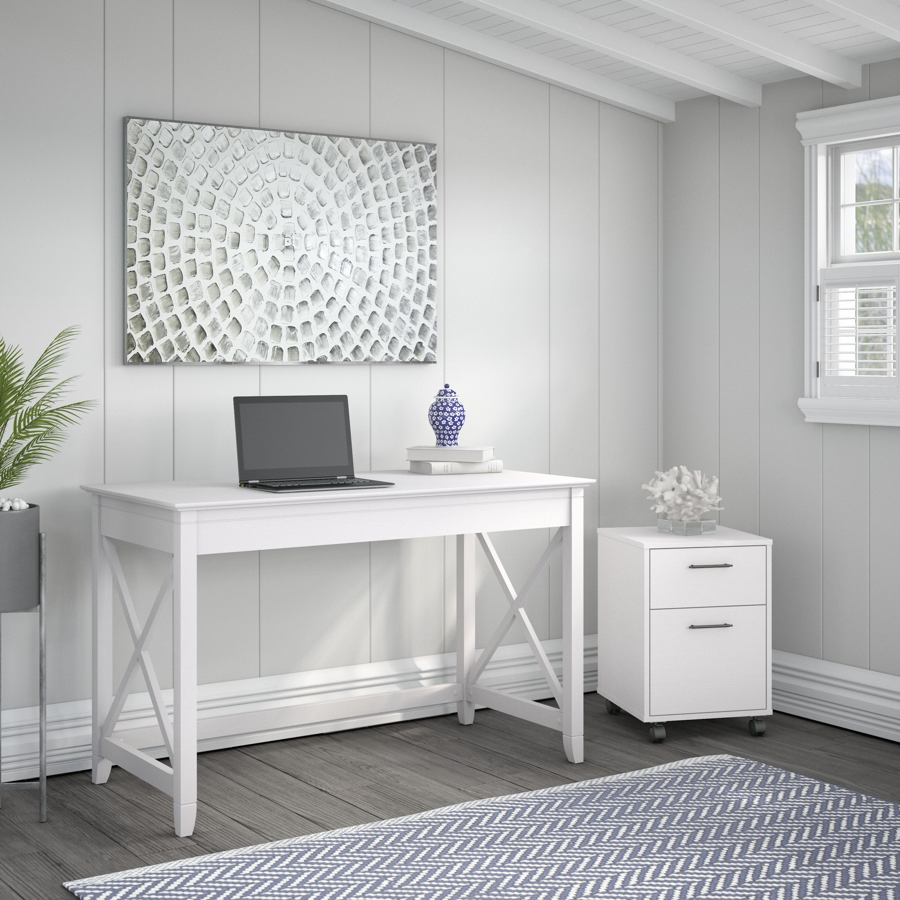 Shop Bush Furniture Key West 48W Writing Desk with 2 Drawer Mobile File Cabinet 01 KWS001WT #color_pure white oak