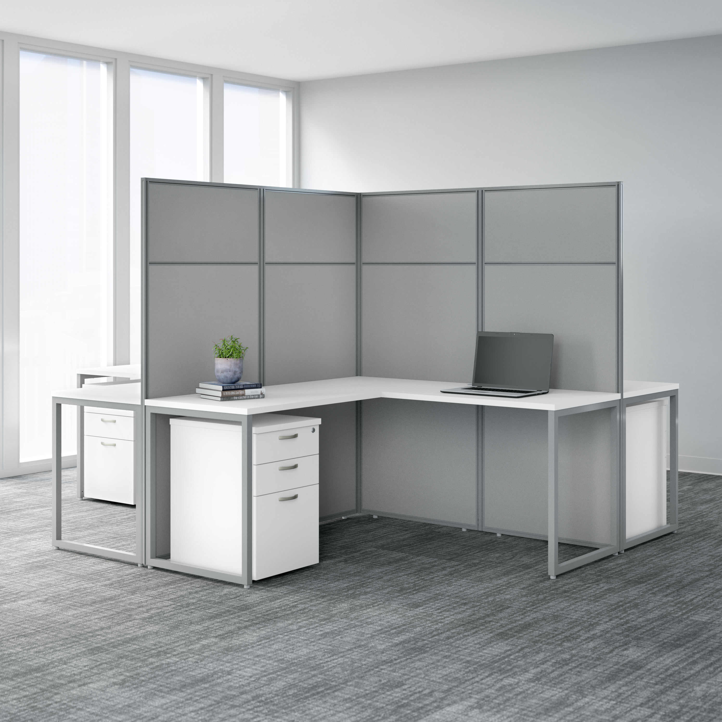 Shop Bush Business Furniture Easy Office 60W 2 Person L Shaped Cubicle Desk Workstation with 66H Panels 08 EODH560WH-03K #color_pure white/silver gray fabric