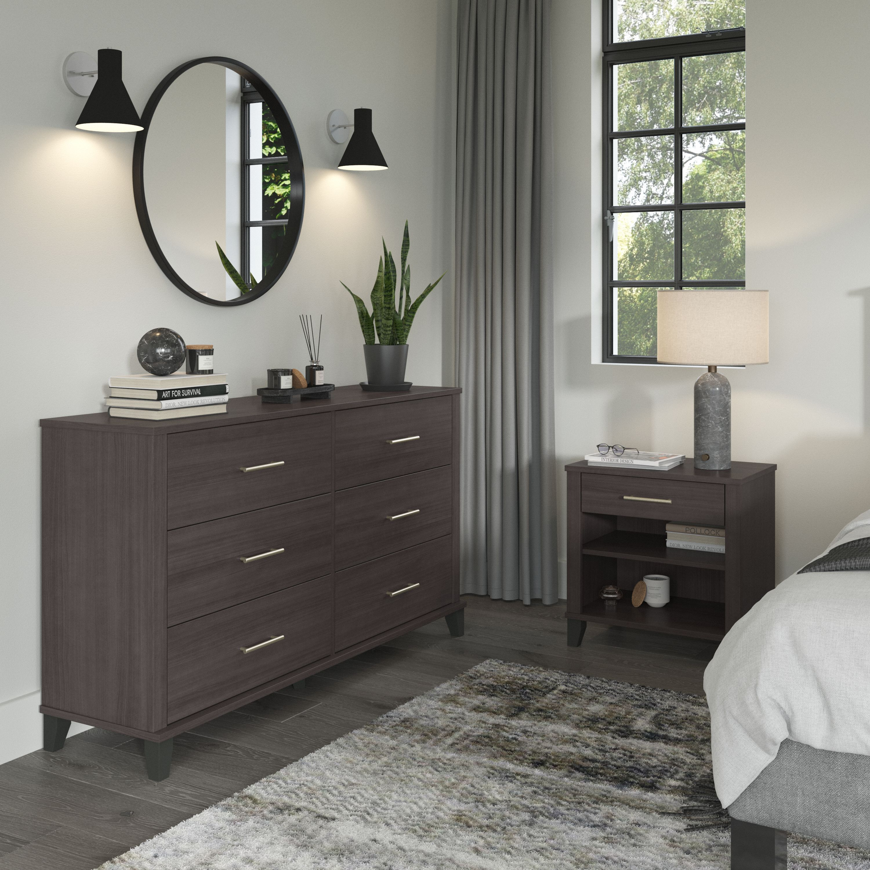 Shop Bush Furniture Somerset 6 Drawer Dresser and Nightstand Set 01 SET035SG #color_storm gray