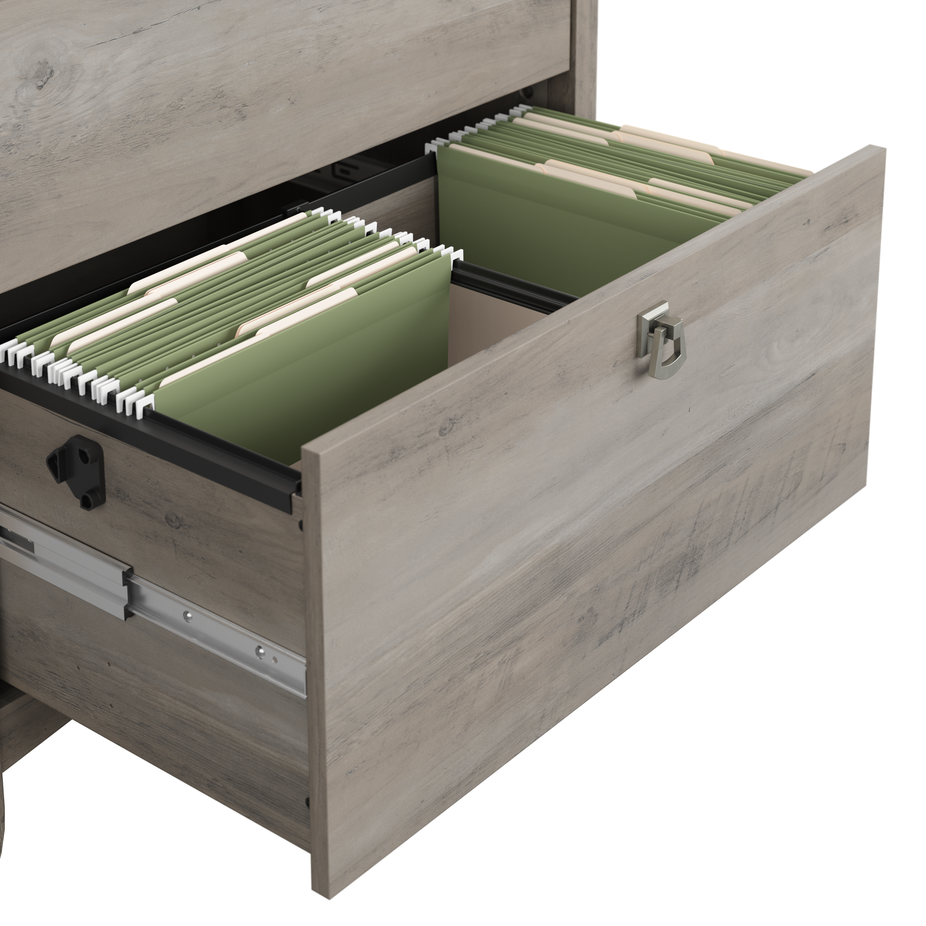 Shop Bush Furniture Salinas 60W L Shaped Desk with Hutch, Lateral File Cabinet and 5 Shelf Bookcase 08 SAL007DG #color_driftwood gray