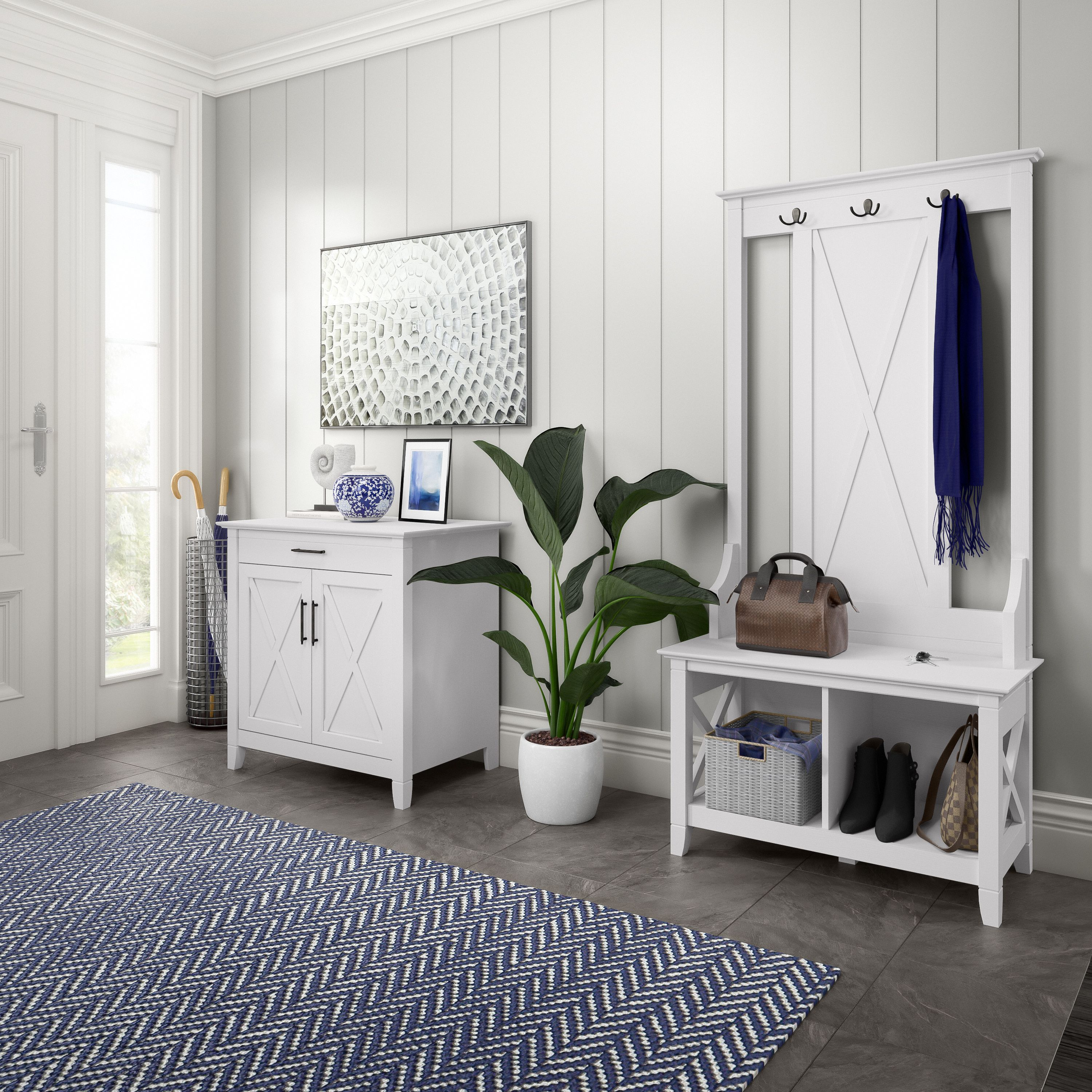 Shop Bush Furniture Key West Entryway Storage Set with Hall Tree, Shoe Bench and Armoire Cabinet 01 KWS055WT #color_pure white oak