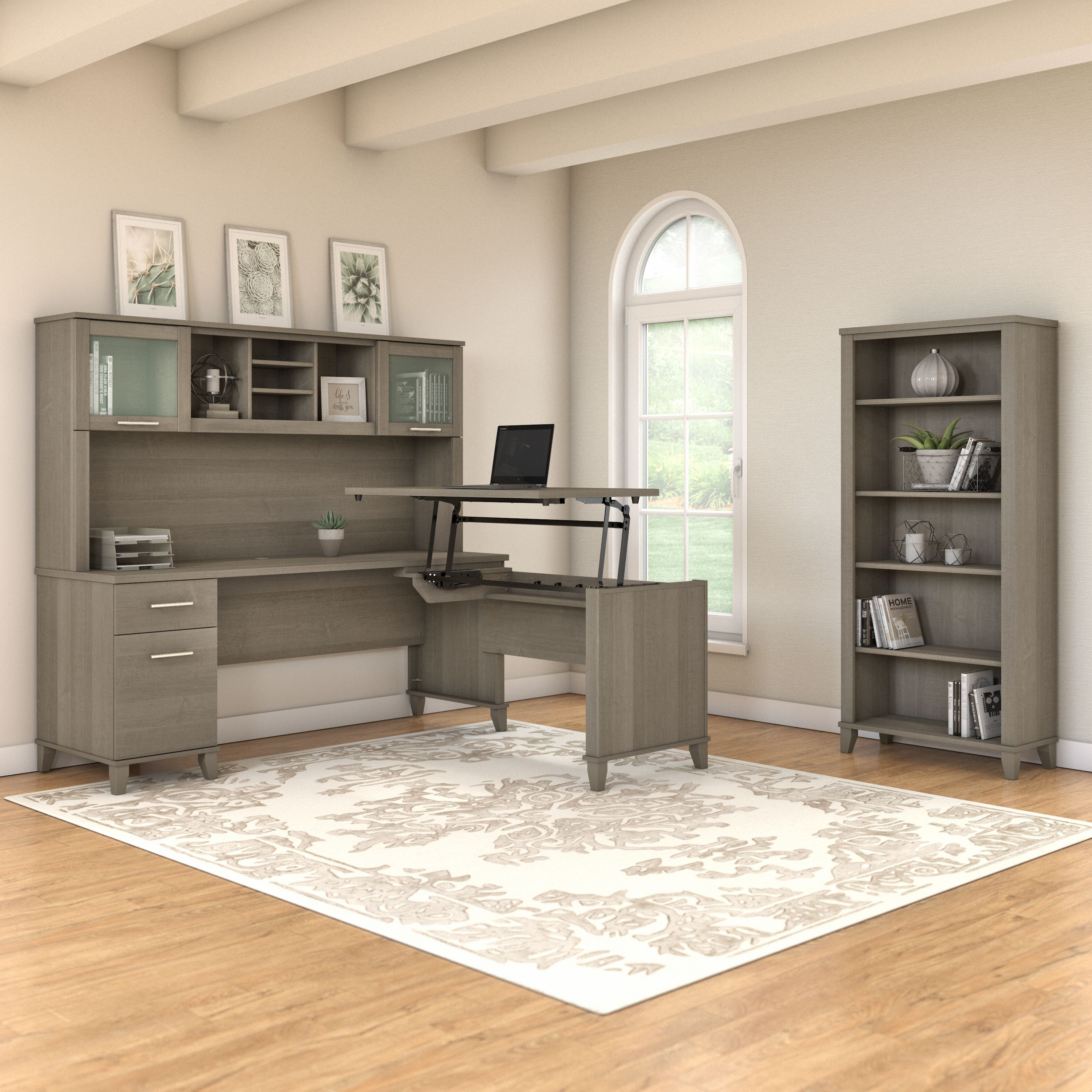 Shop Bush Furniture Somerset 72W 3 Position Sit to Stand L Shaped Desk with Hutch and Bookcase 01 SET017AG #color_ash gray