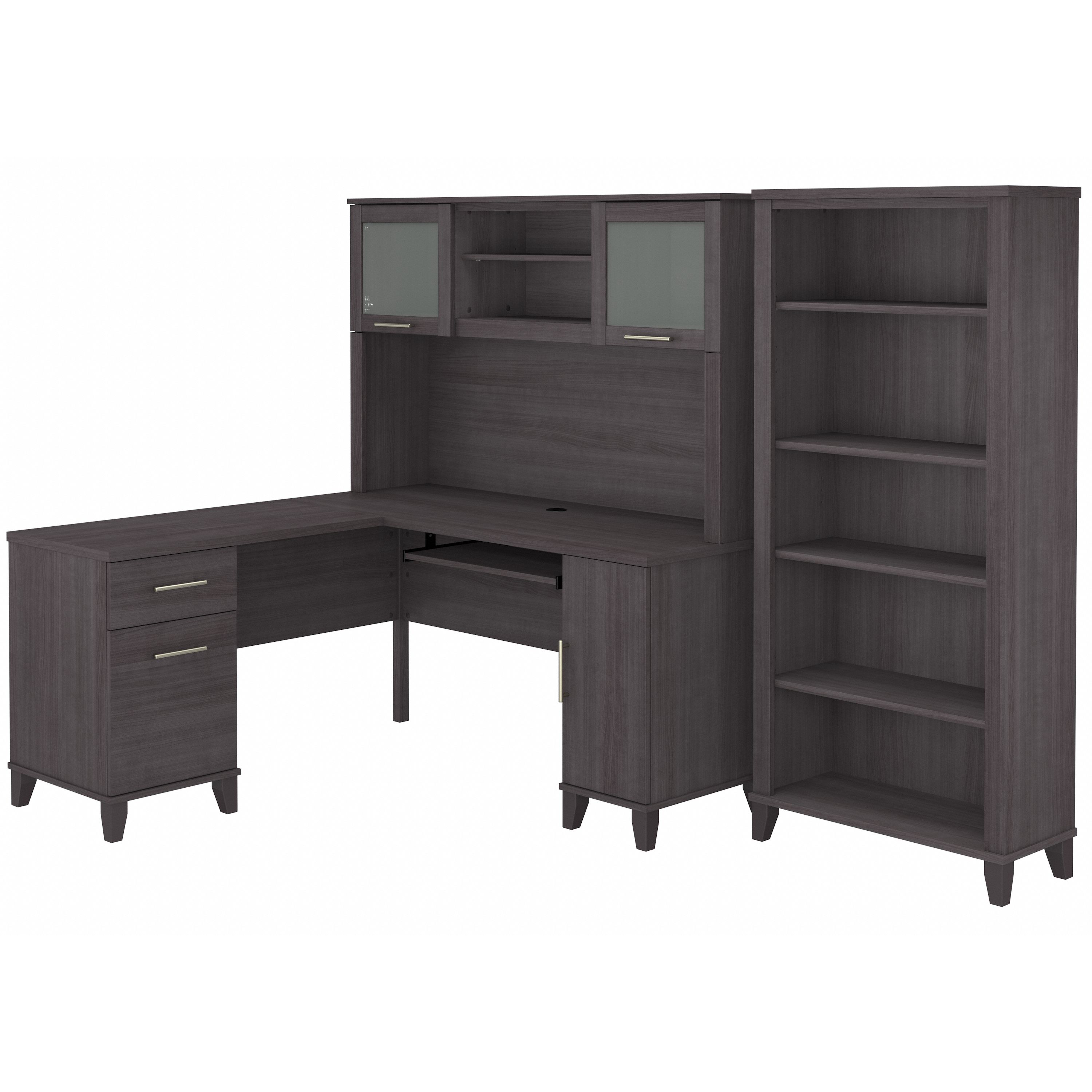 Shop Bush Furniture Somerset 60W L Shaped Desk with Hutch and 5 Shelf Bookcase 02 SET010SG #color_storm gray