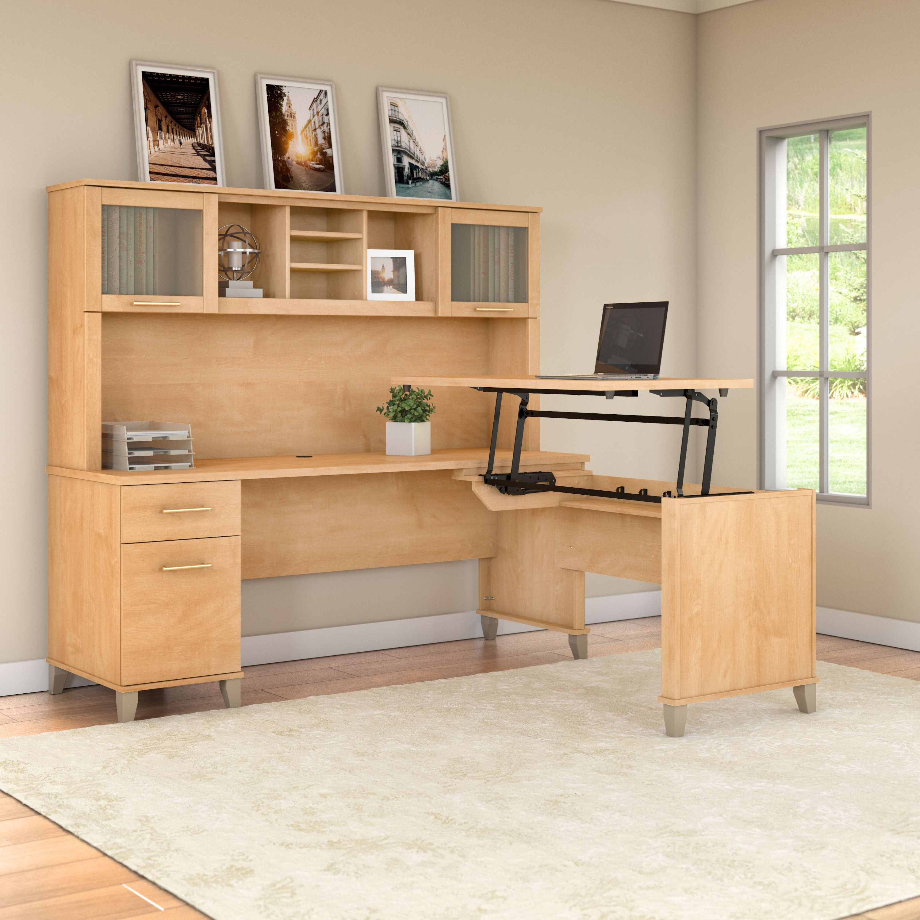 Shop Bush Furniture Somerset 72W 3 Position Sit to Stand L Shaped Desk with Hutch 01 SET015MC #color_maple cross