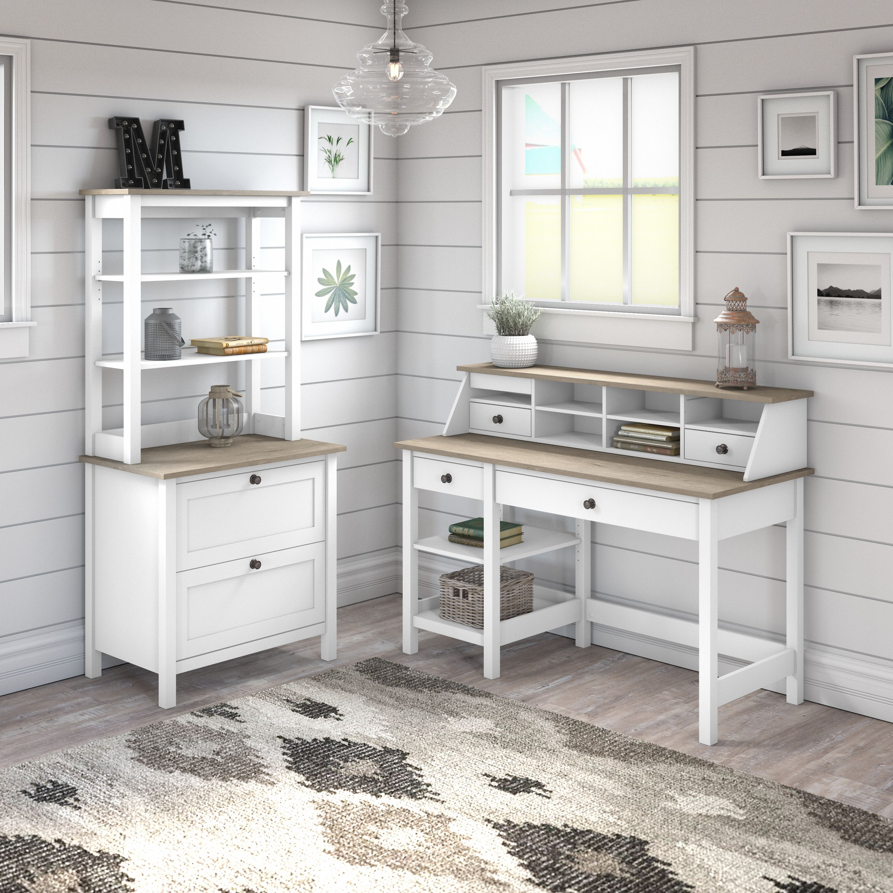 Shop Bush Furniture Mayfield 54W Computer Desk with Shelves, Desktop Organizer, Lateral File Cabinet and Hutch 01 MAY007GW2 #color_shiplap gray