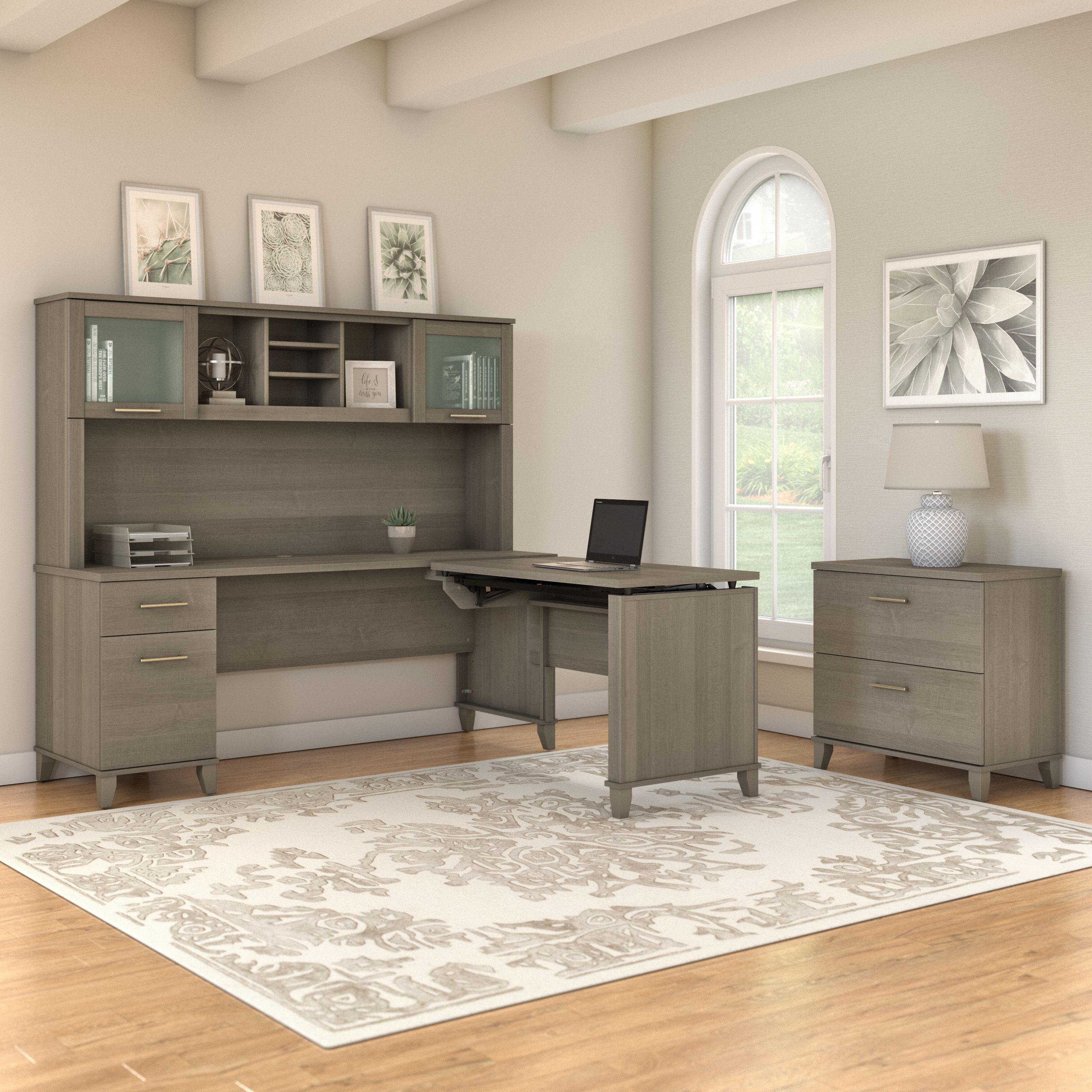 Shop Bush Furniture Somerset 72W 3 Position Sit to Stand L Shaped Desk with Hutch and File Cabinet 06 SET016AG #color_ash gray