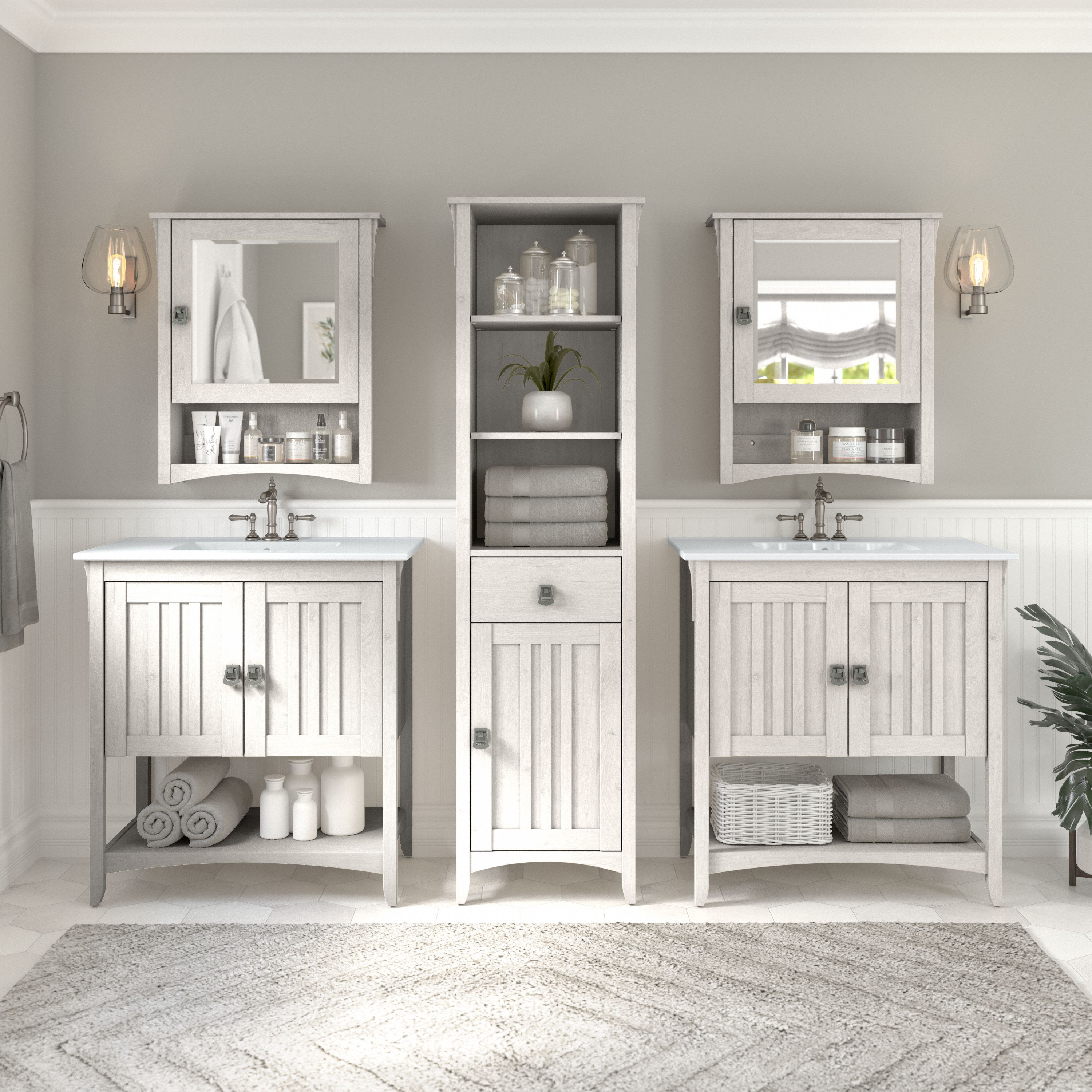 Shop Bush Furniture Salinas 64W Double Vanity Set with Sinks, Medicine Cabinets and Linen Tower 01 SAL035LW #color_linen white oak
