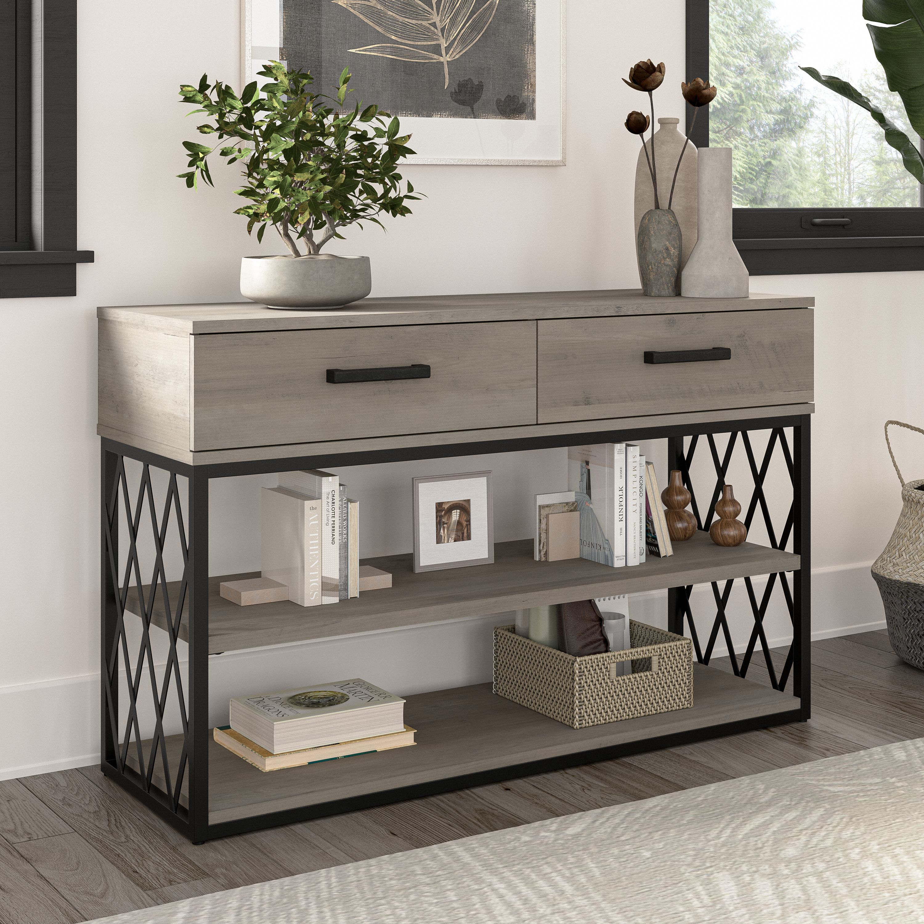 Shop Bush Furniture City Park Industrial Console Table with Drawers and Shelves 01 CPT148DG-03 #color_driftwood gray
