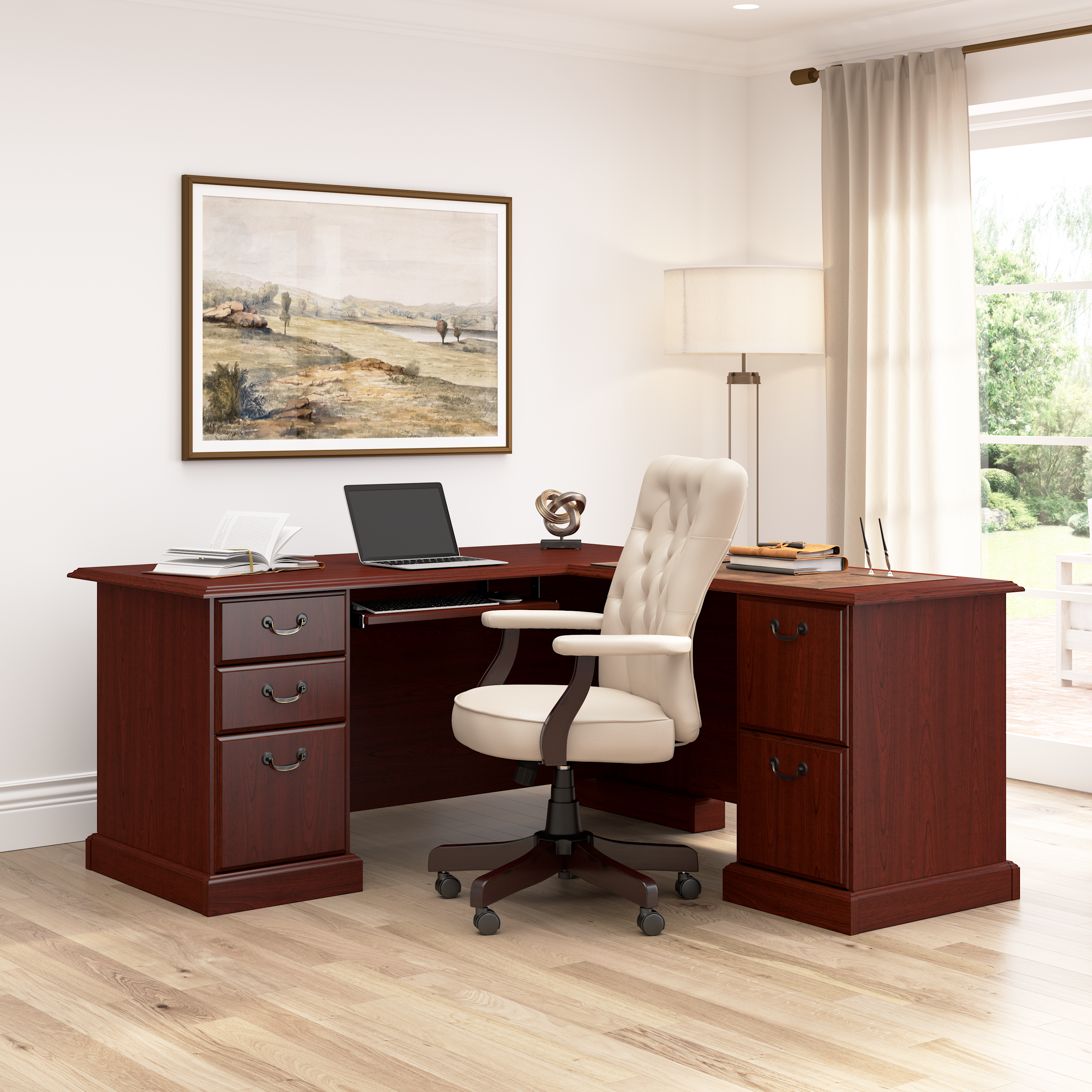 Shop Bush Business Furniture Arlington L Shaped Desk with Drawers and Keyboard Tray 01 WC65570-03K #color_harvest cherry