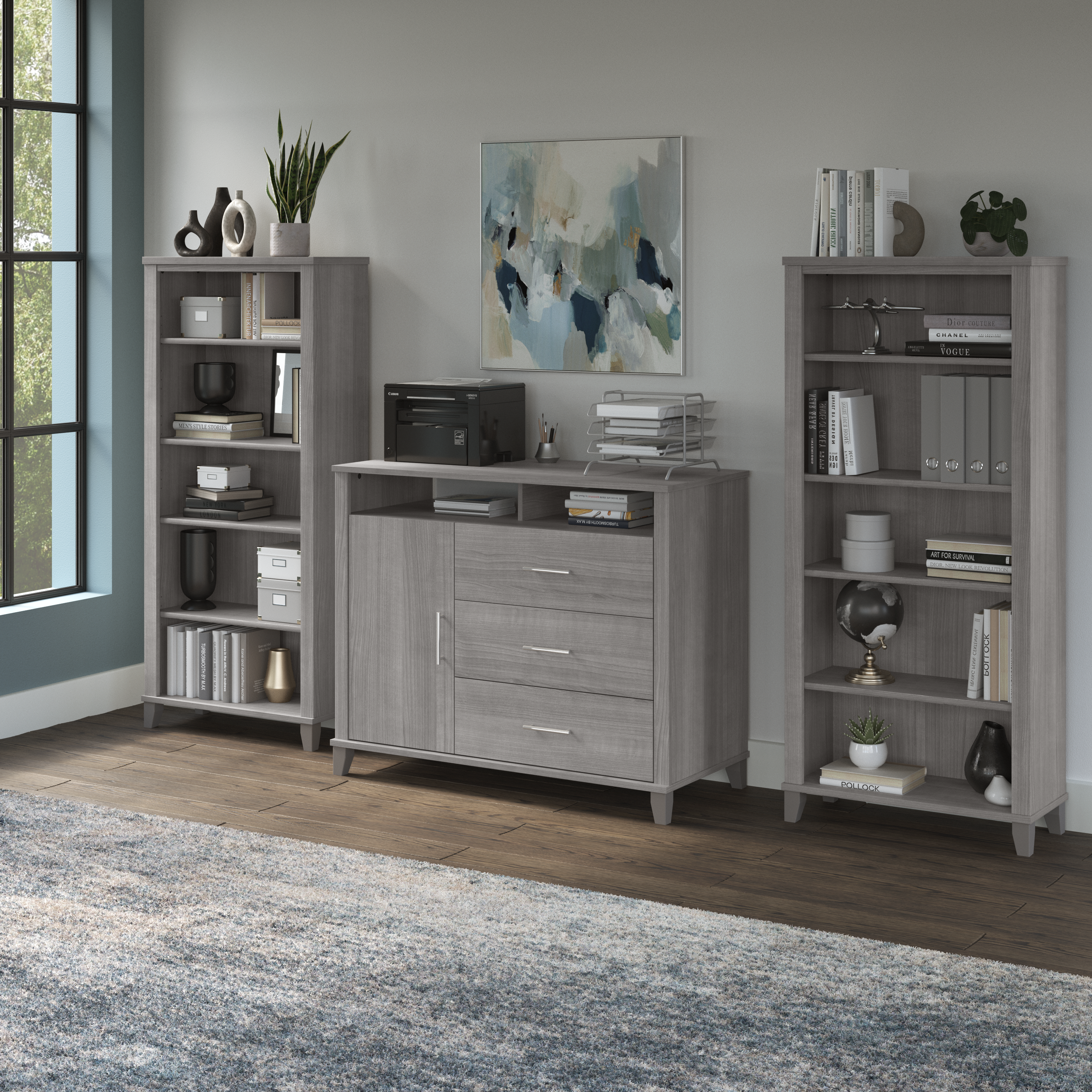 Shop Bush Furniture Somerset Office Storage Credenza with Bookcases 01 SET040PG #color_platinum gray