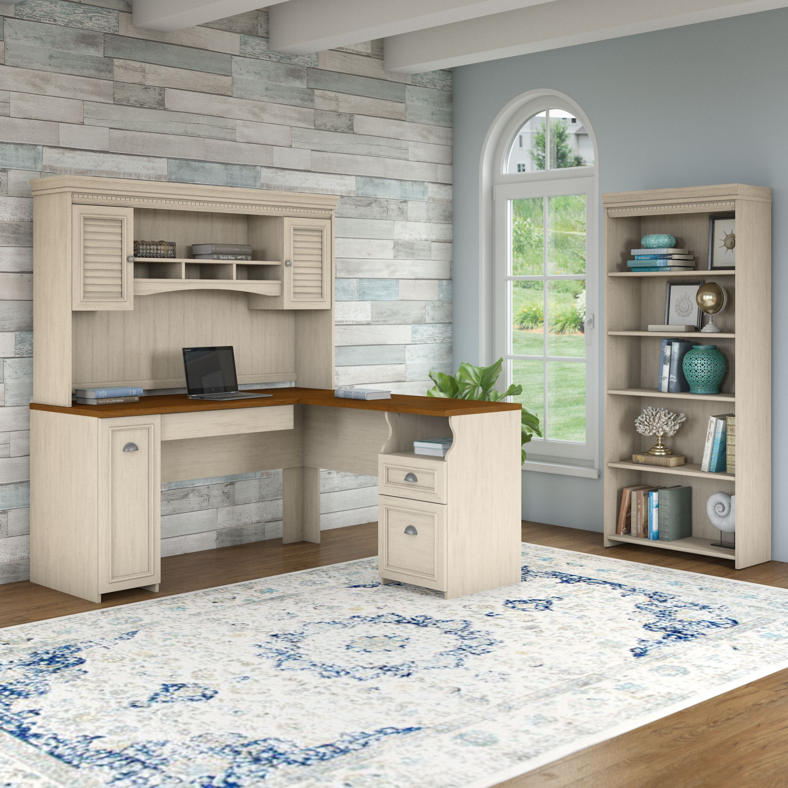 Shop Bush Furniture Fairview 60W L Shaped Desk with Hutch and 5 Shelf Bookcase 01 FV005AW #color_antique white