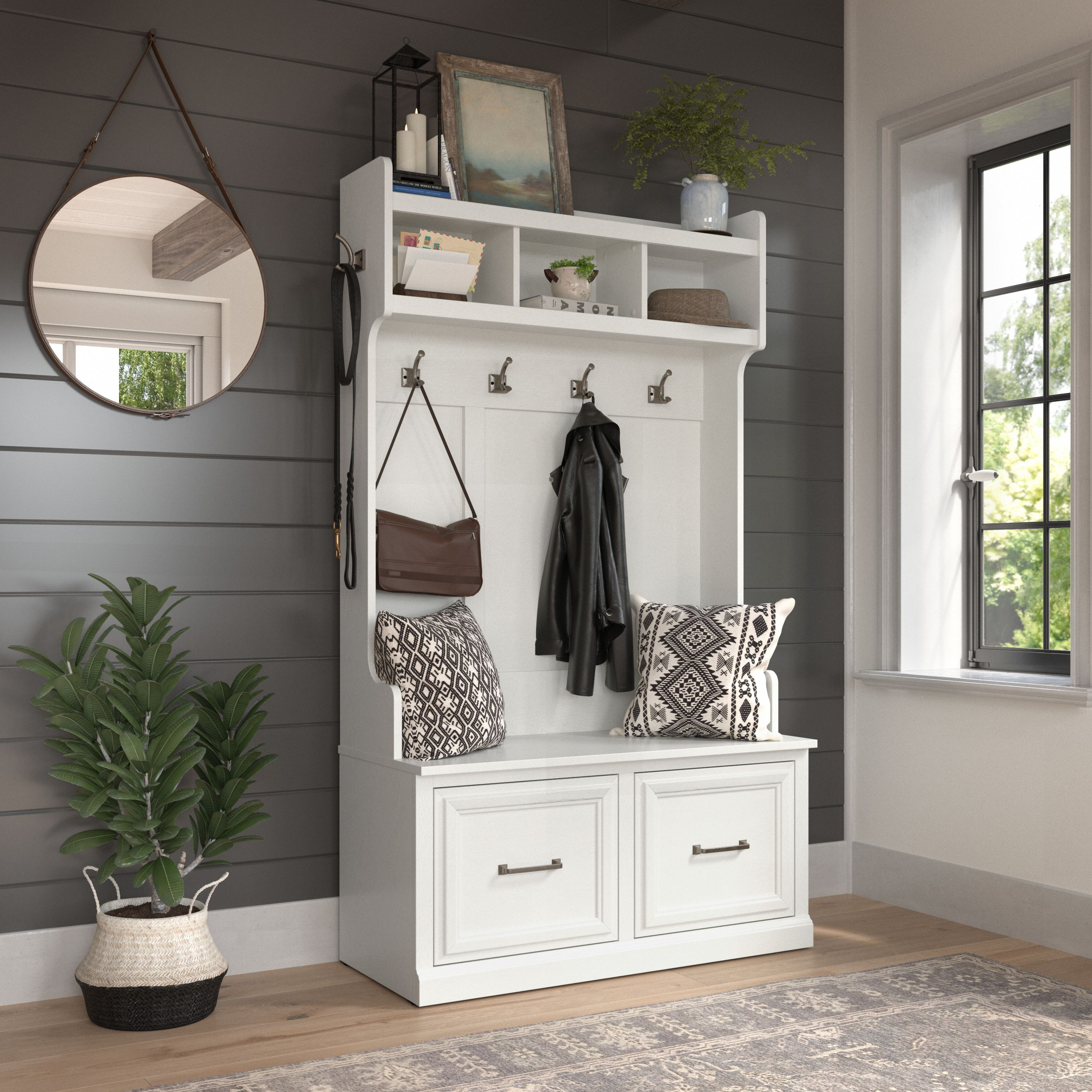 Shop Bush Furniture Woodland 40W Hall Tree and Shoe Storage Bench with Doors 01 WDL001WAS #color_white ash