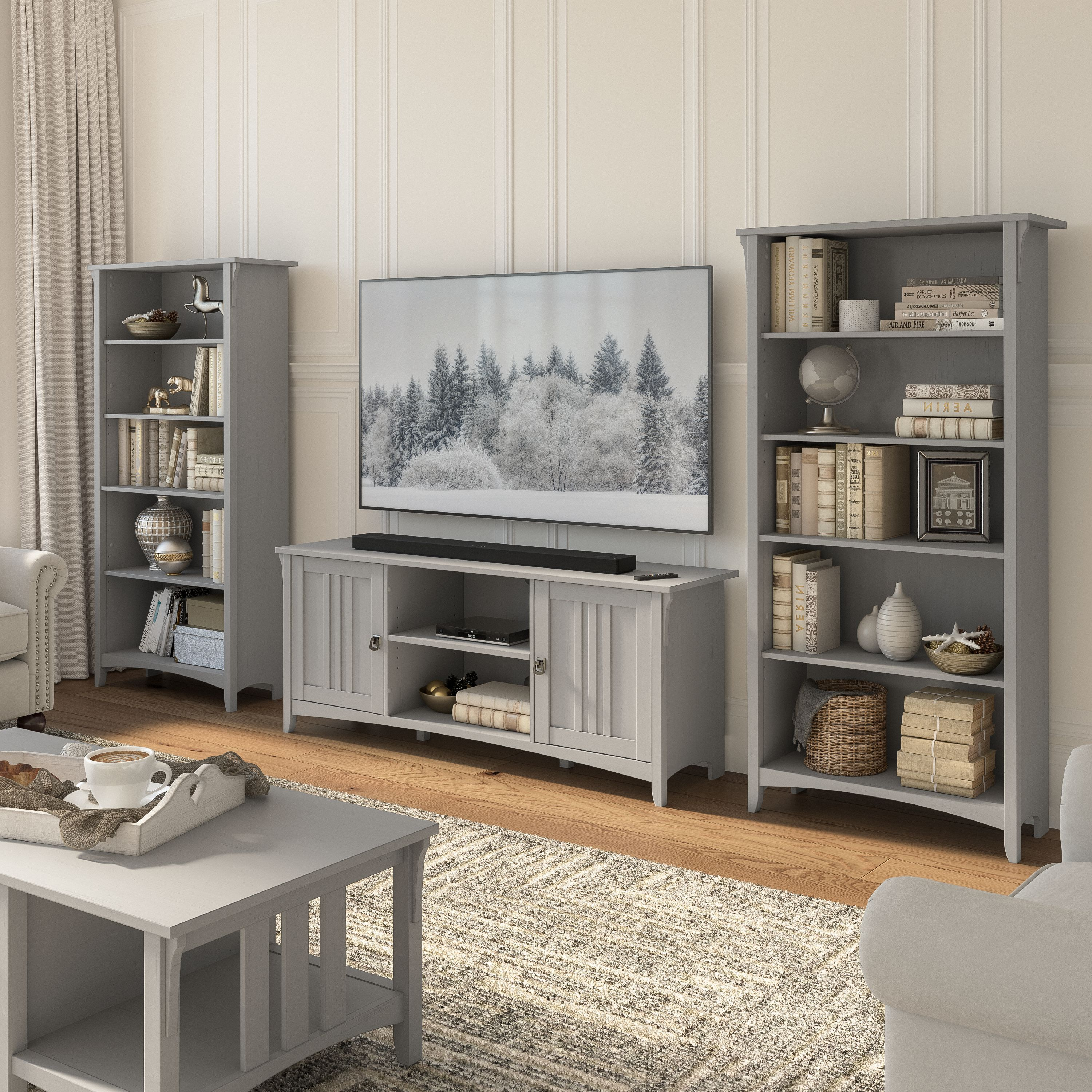 Shop Bush Furniture Salinas TV Stand for 70 Inch TV with 5 Shelf Bookcases 01 SAL058CG #color_cape cod gray