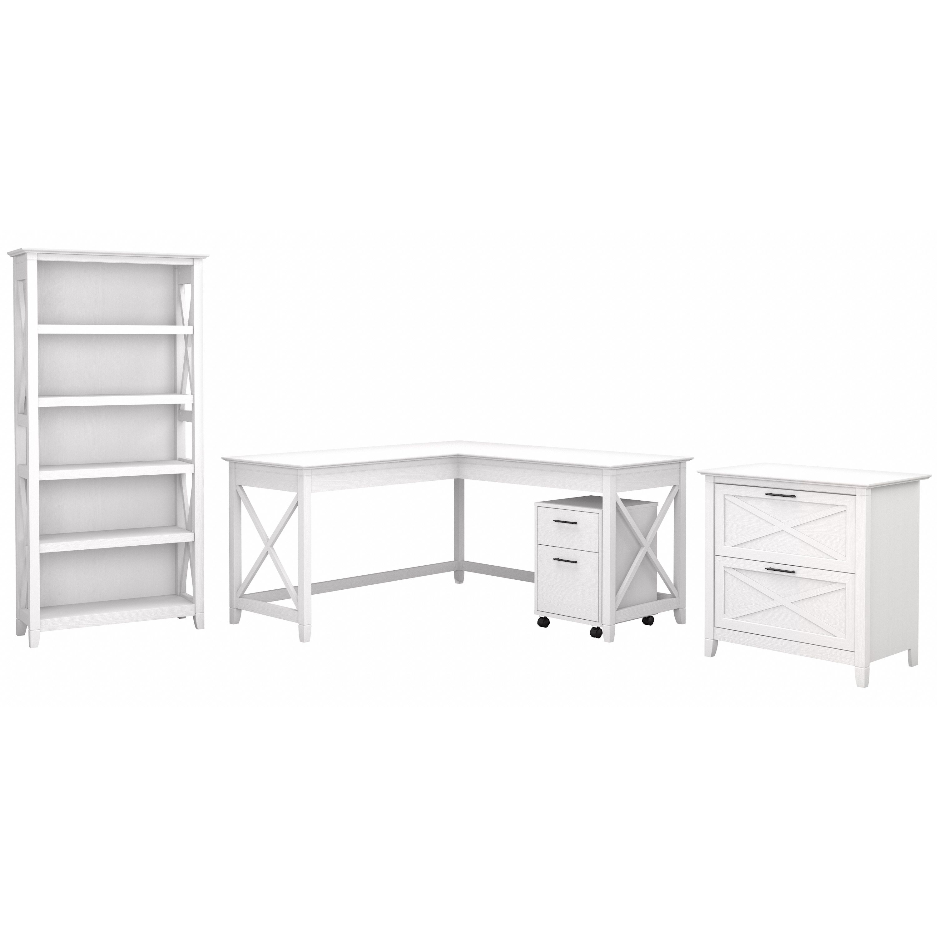 Shop Bush Furniture Key West 60W L Shaped Desk with File Cabinets and 5 Shelf Bookcase 02 KWS017WT #color_pure white oak
