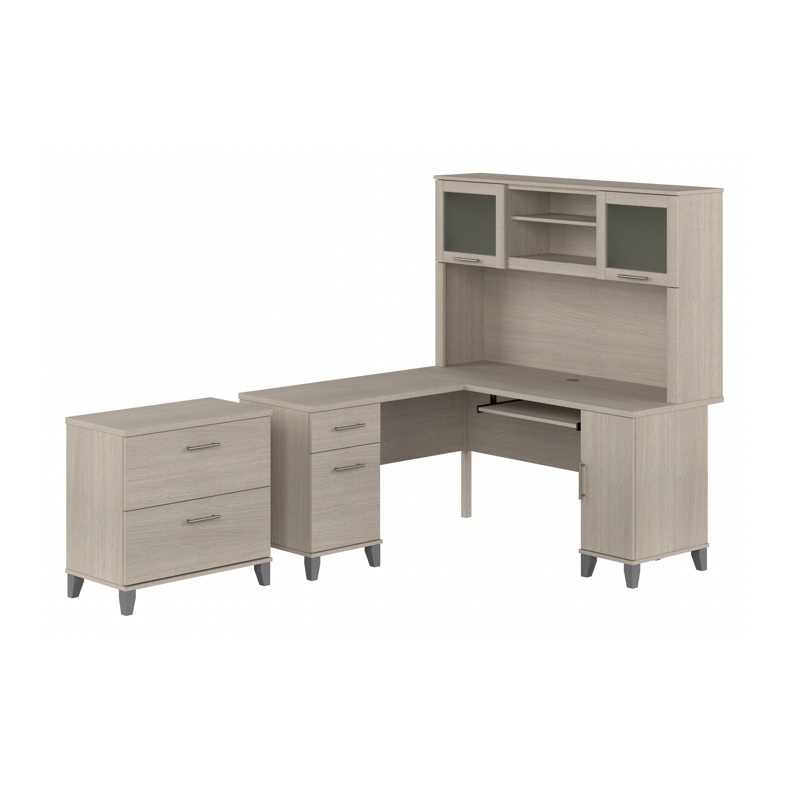 Shop Bush Furniture Somerset 60W L Shaped Desk with Hutch and Lateral File Cabinet 02 SET008SO #color_sand oak