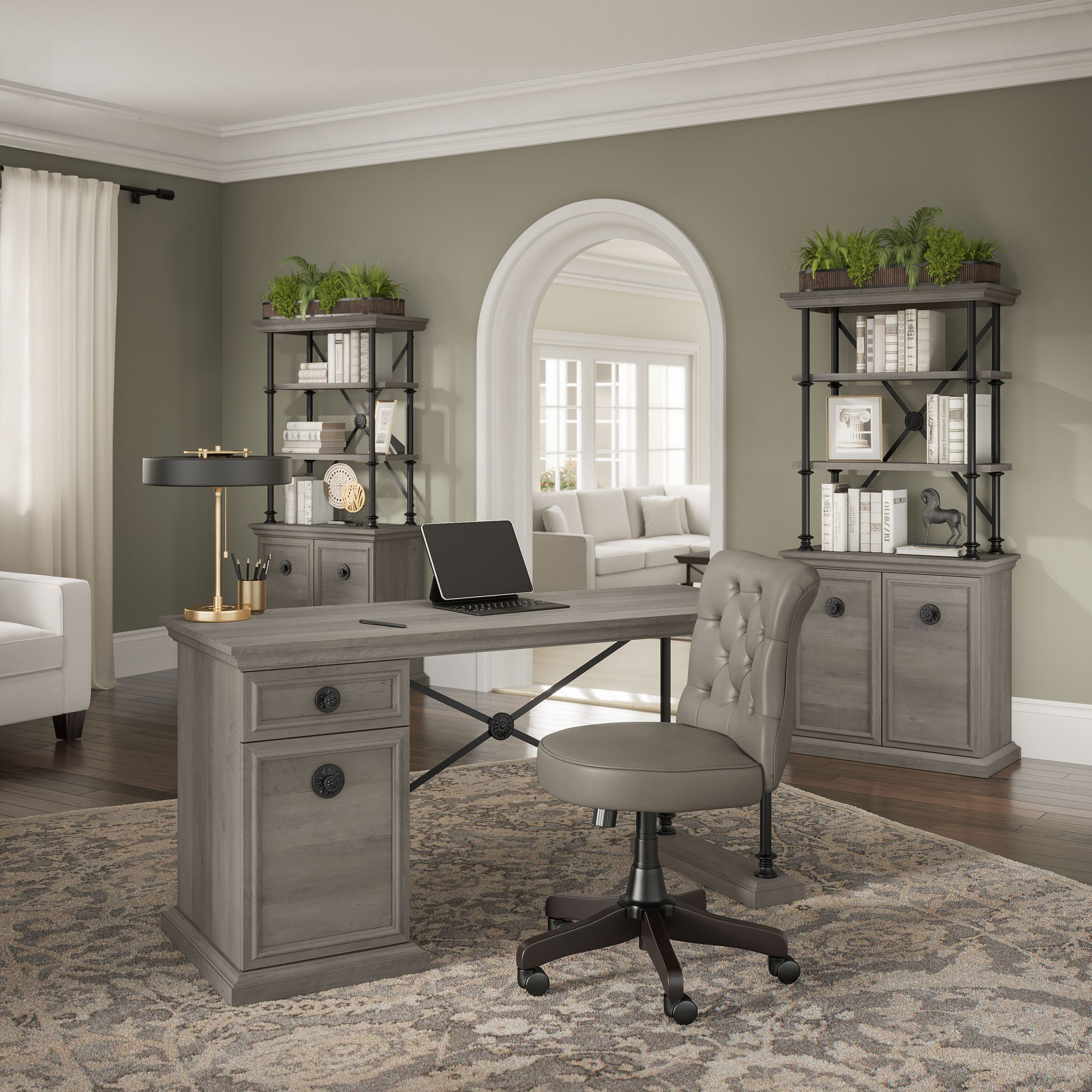 Shop Bush Furniture Coliseum 60W Designer Desk with Set of Two Bookcases with Doors 01 CSM004DG #color_driftwood gray