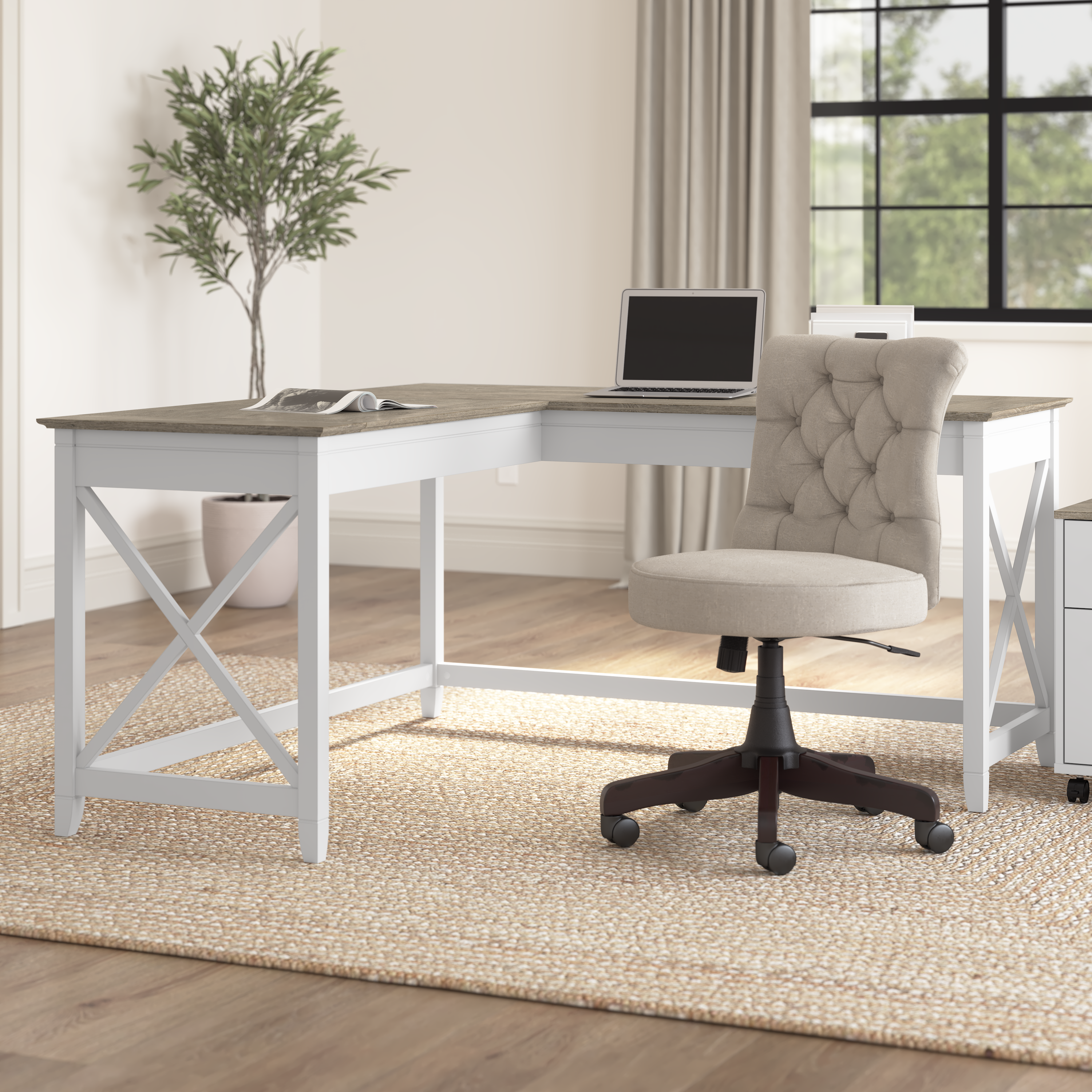 Shop Bush Furniture Key West 60W L Shaped Desk 01 KWD160G2W-03 #color_shiplap gray/pure white