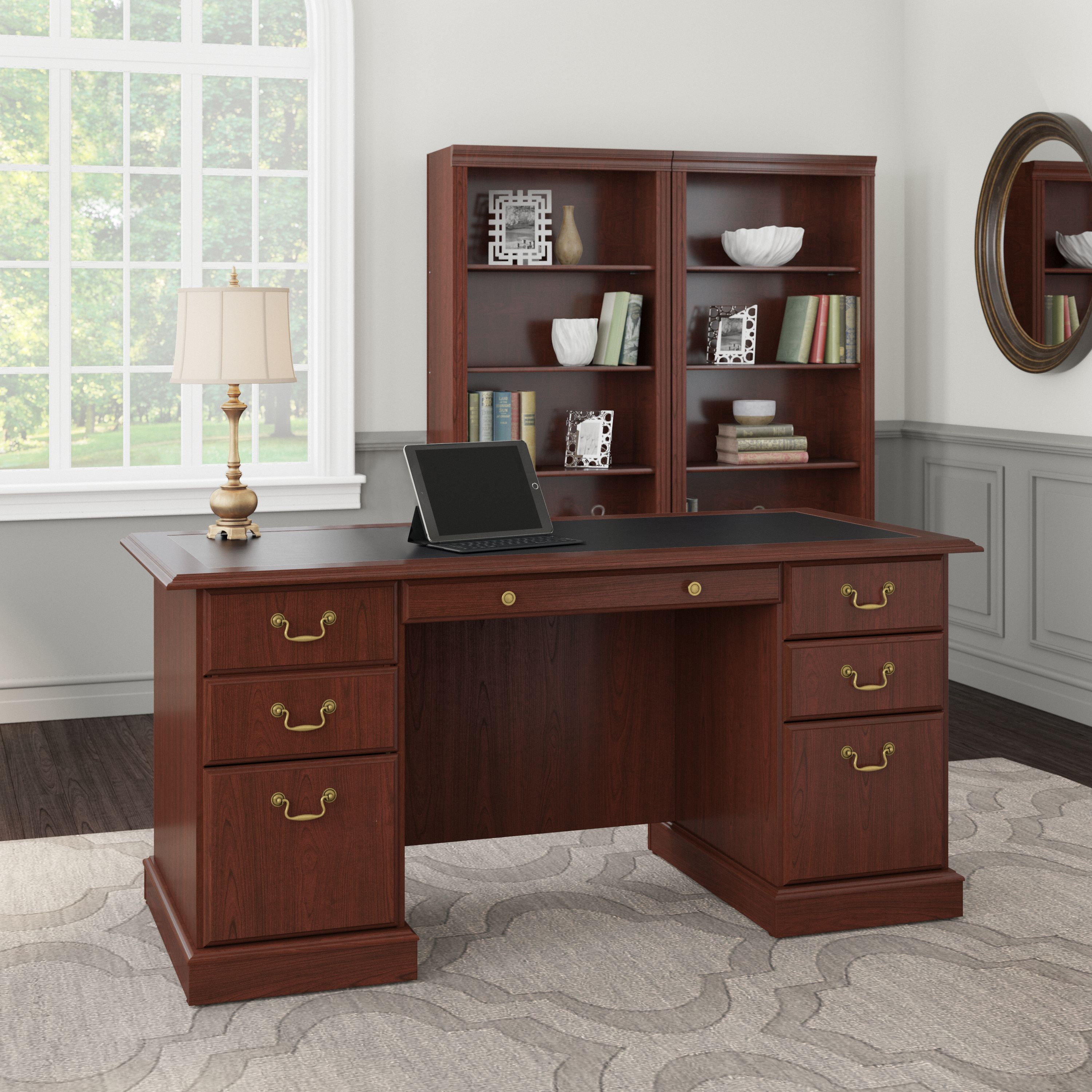 Shop Bush Furniture Saratoga Executive Desk and Bookcase Set 01 SAR003CS #color_harvest cherry