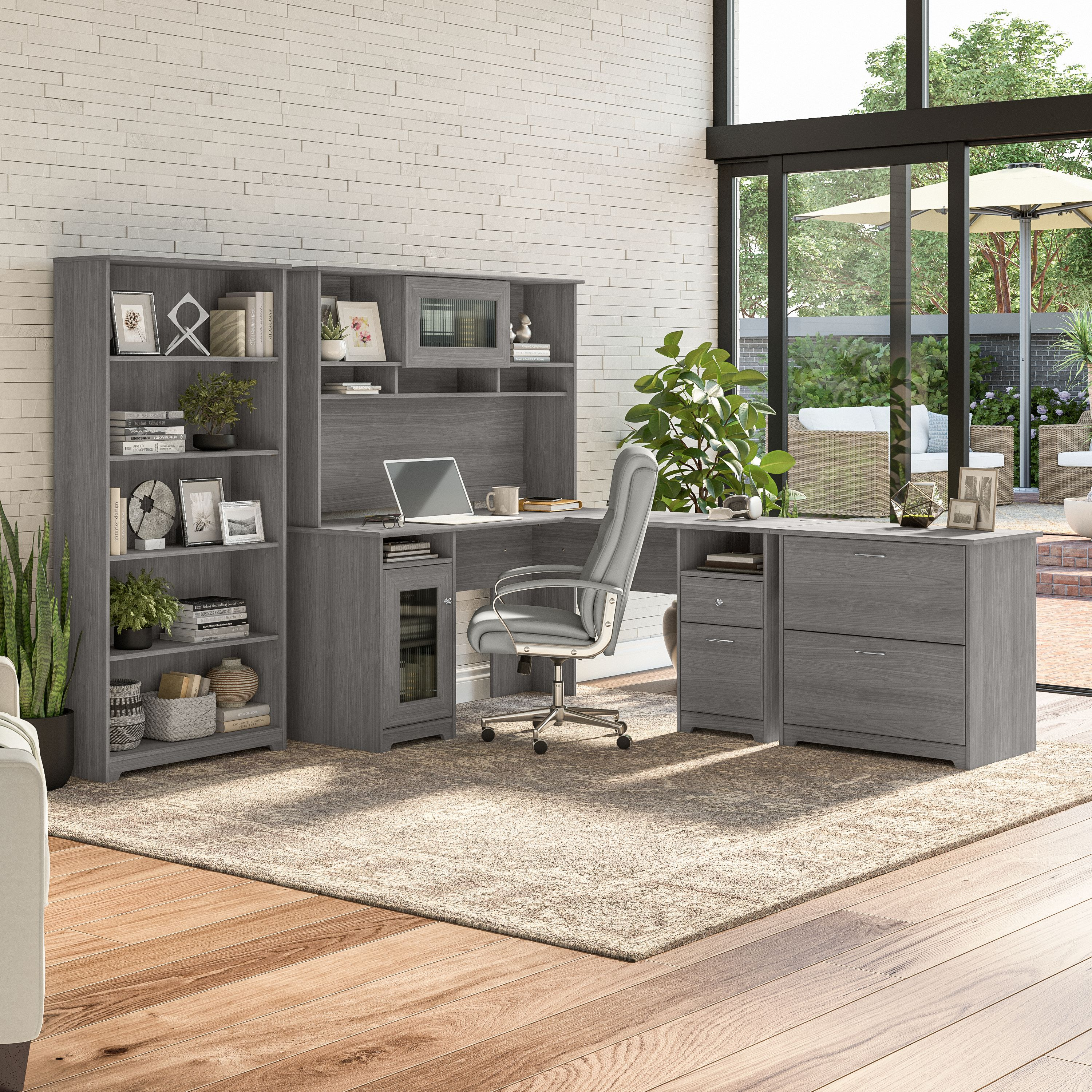 Shop Bush Furniture Cabot 60W L Shaped Computer Desk with Hutch, File Cabinet and Bookcase 01 CAB010MG #color_modern gray