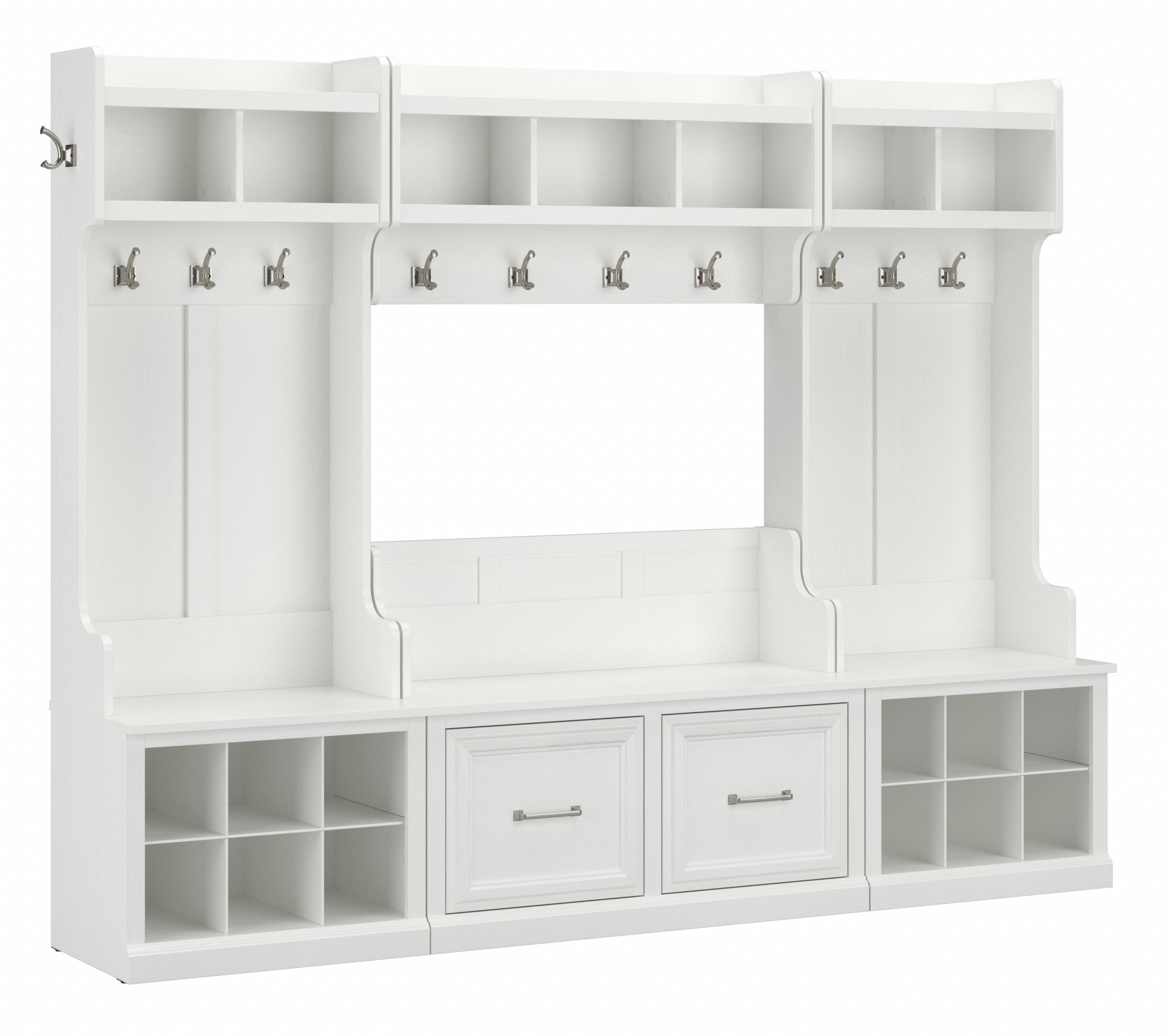 Shop Bush Furniture Woodland Full Entryway Storage Set with Coat Rack and Shoe Bench with Doors 02 WDL013WAS #color_white ash