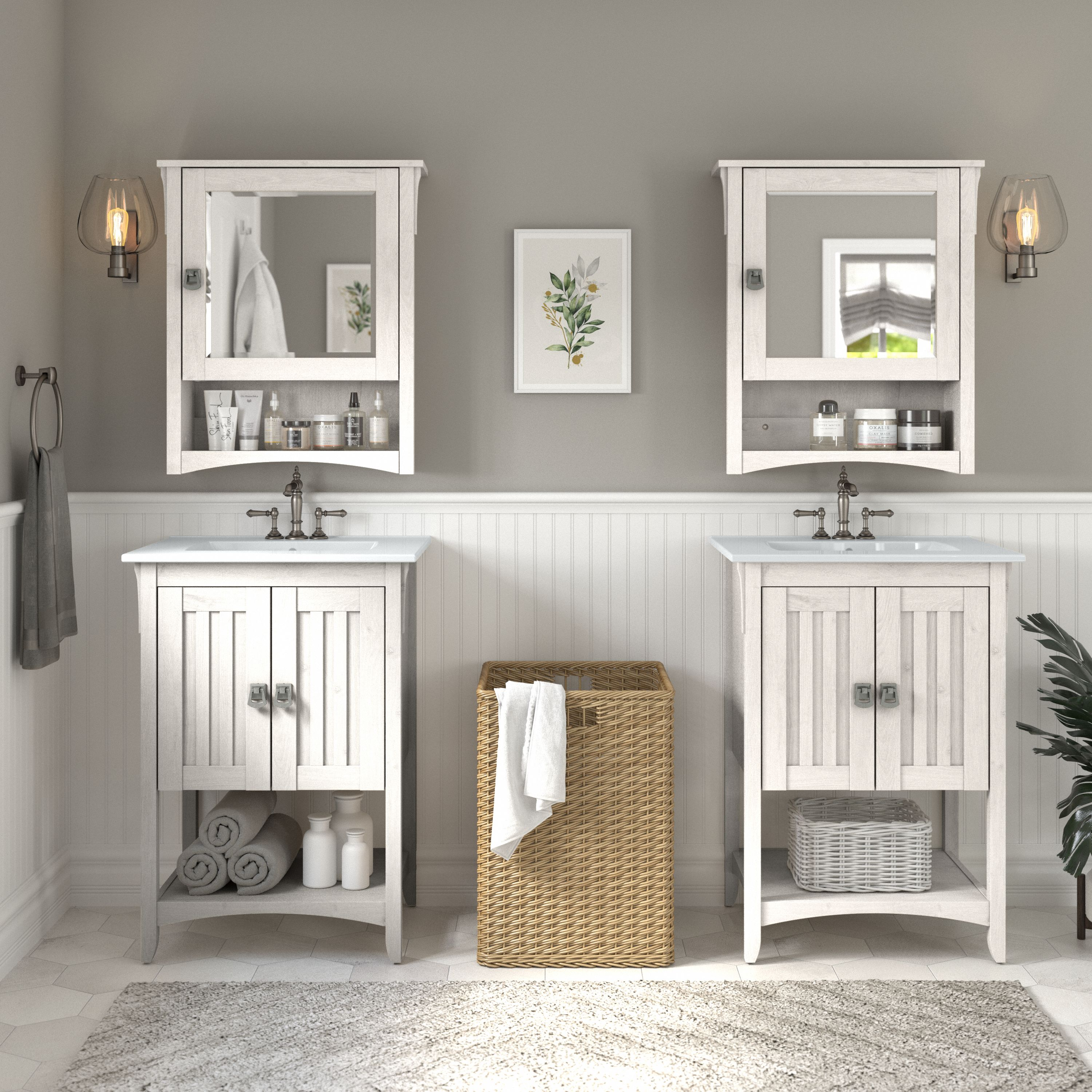 Shop Bush Furniture Salinas 48W Double Vanity Set with Sinks and Medicine Cabinets 01 SAL032LW #color_linen white oak