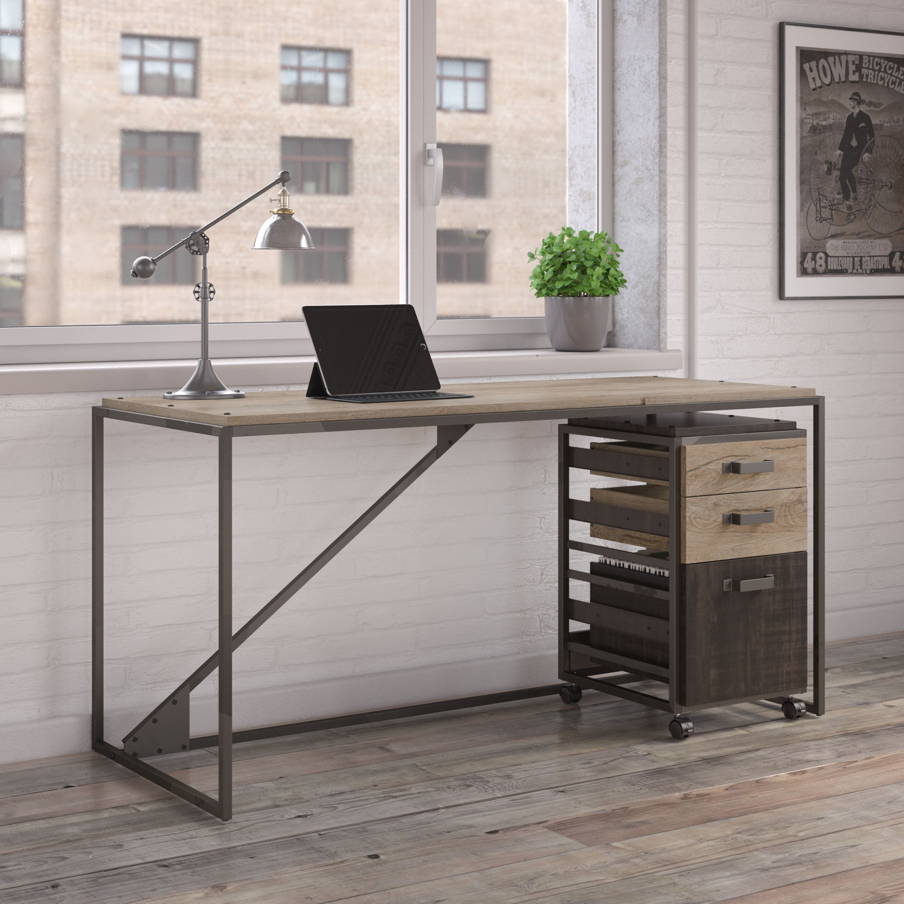 Shop Bush Furniture Refinery 62W Industrial Desk with 3 Drawer Mobile File Cabinet 01 RFY005RG #color_rustic gray/charred wood