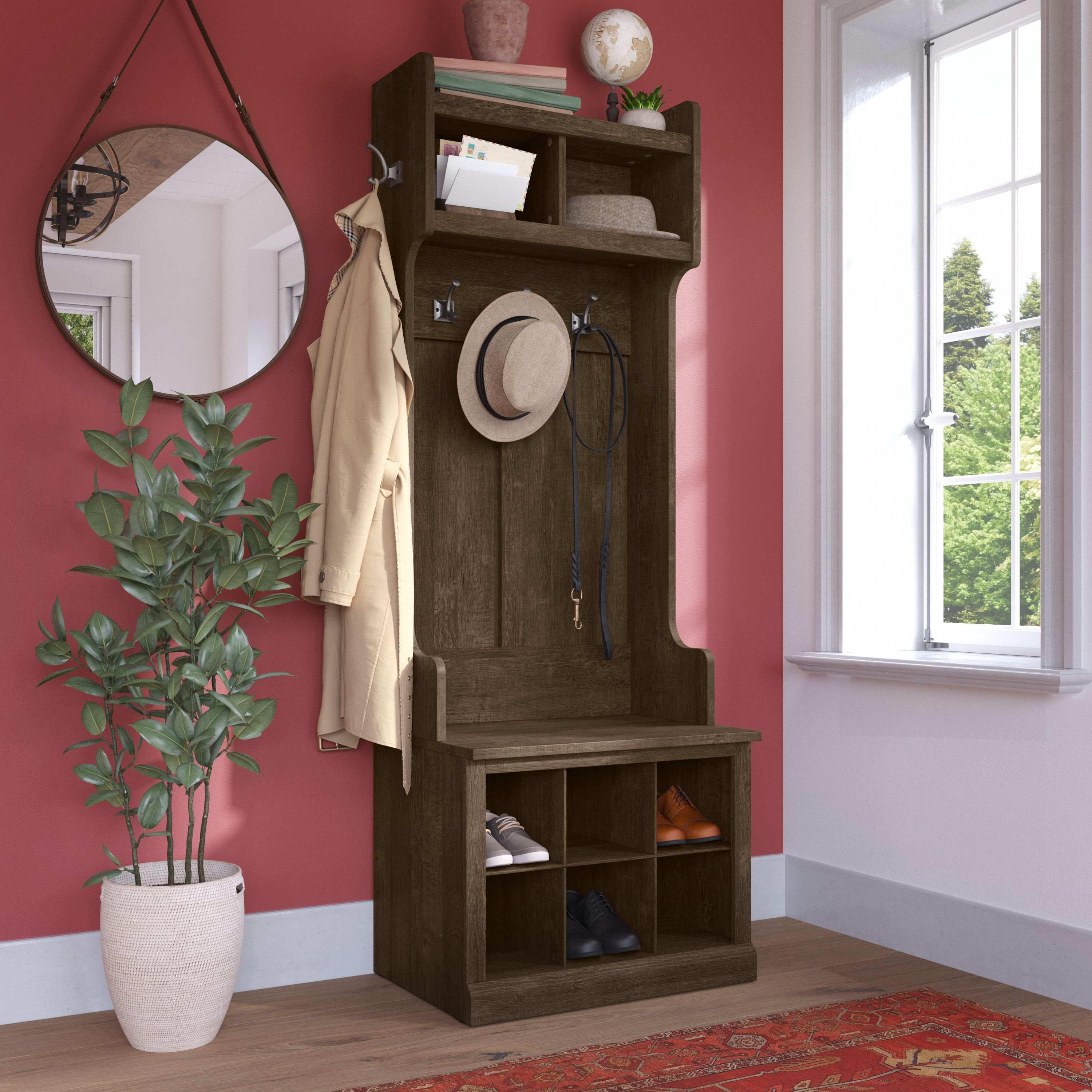 Shop Bush Furniture Woodland 24W Hall Tree and Small Shoe Bench with Shelves 01 WDL008ABR #color_ash brown