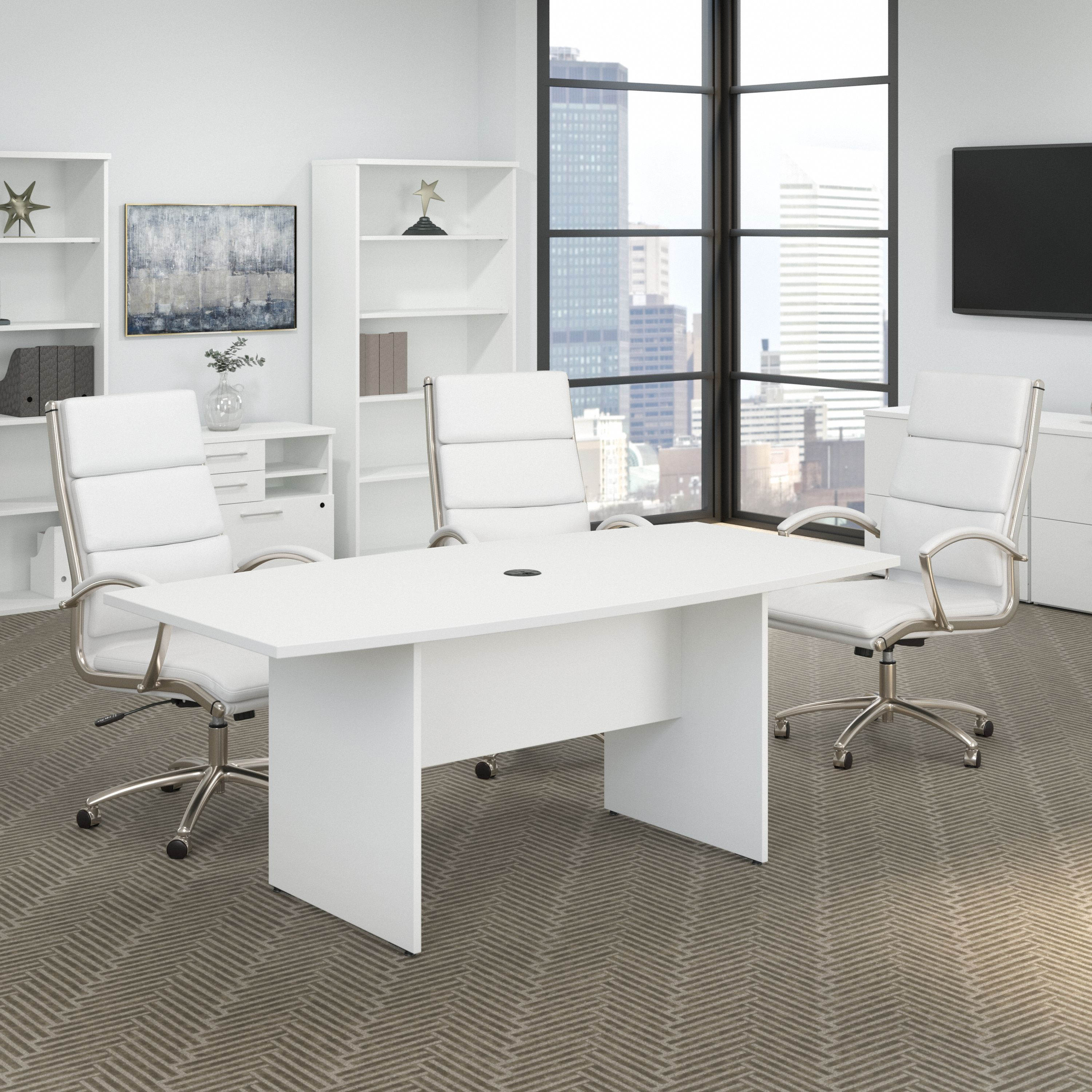 Shop Bush Business Furniture 72W x 36D Boat Shaped Conference Table with Wood Base 01 99TB7236WH #color_white