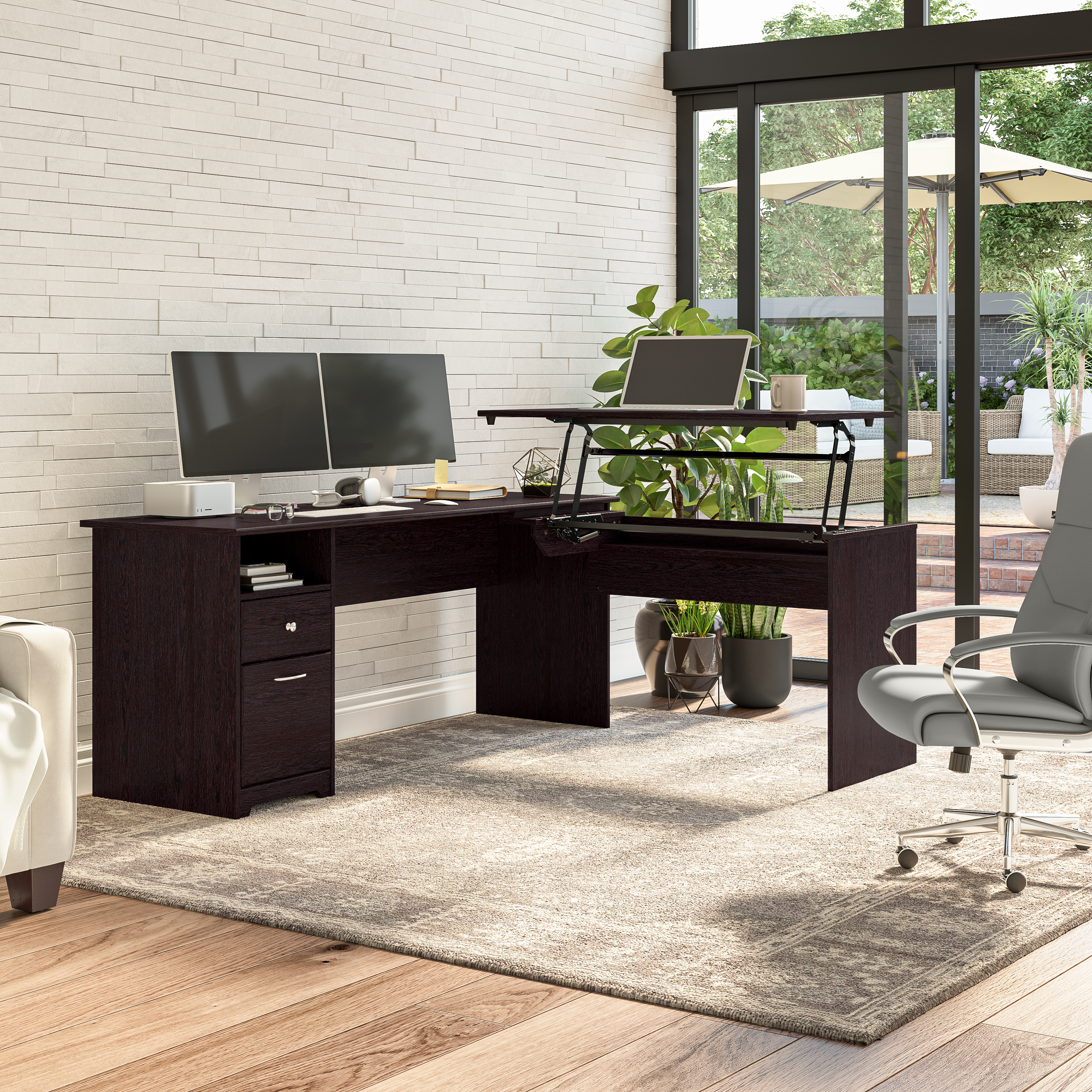 Shop Bush Furniture Cabot 72W 3 Position Sit to Stand L Shaped Desk 01 CAB050EPO #color_espresso oak