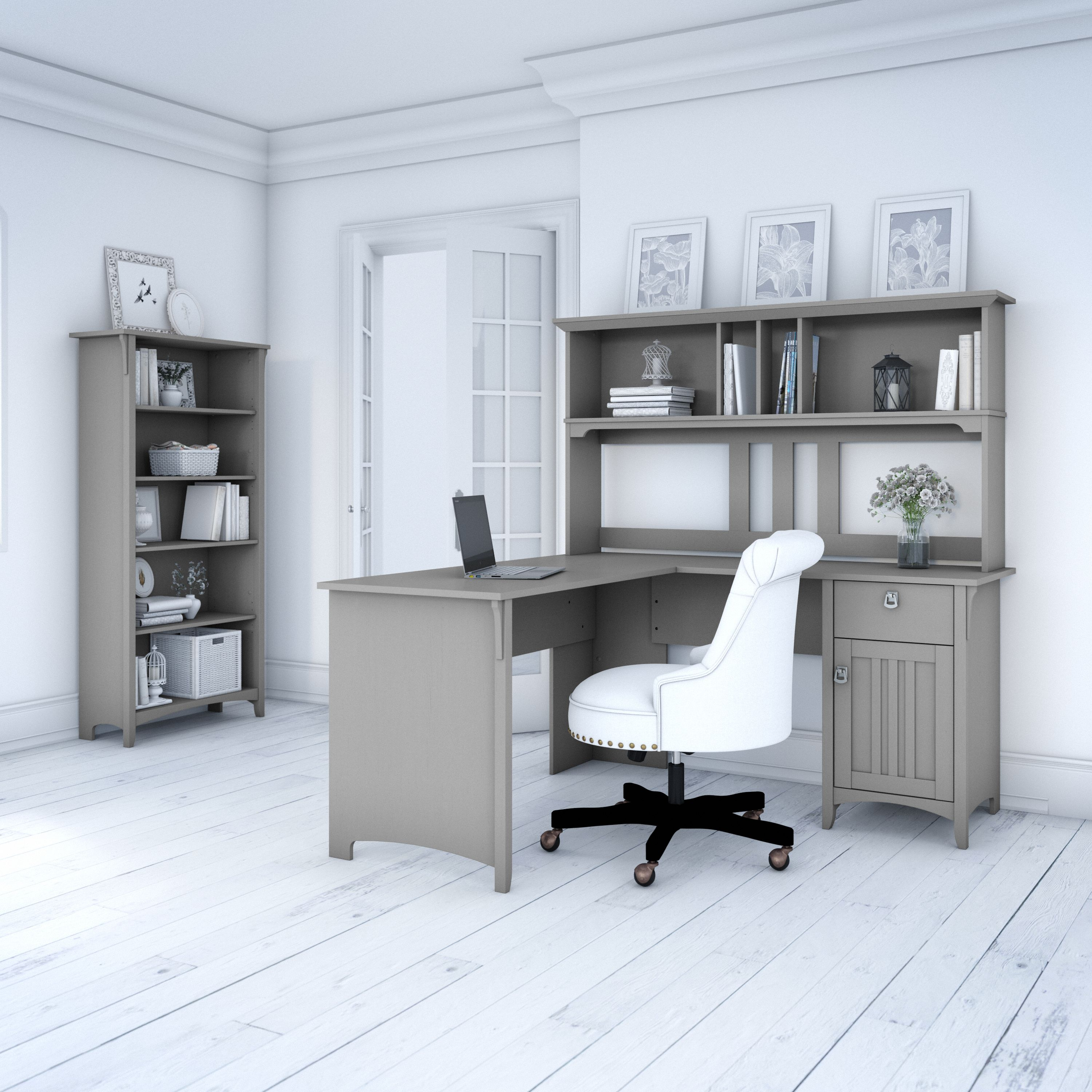 Shop Bush Furniture Salinas 60W L Shaped Desk with Hutch and 5 Shelf Bookcase 01 SAL006CG #color_cape cod gray