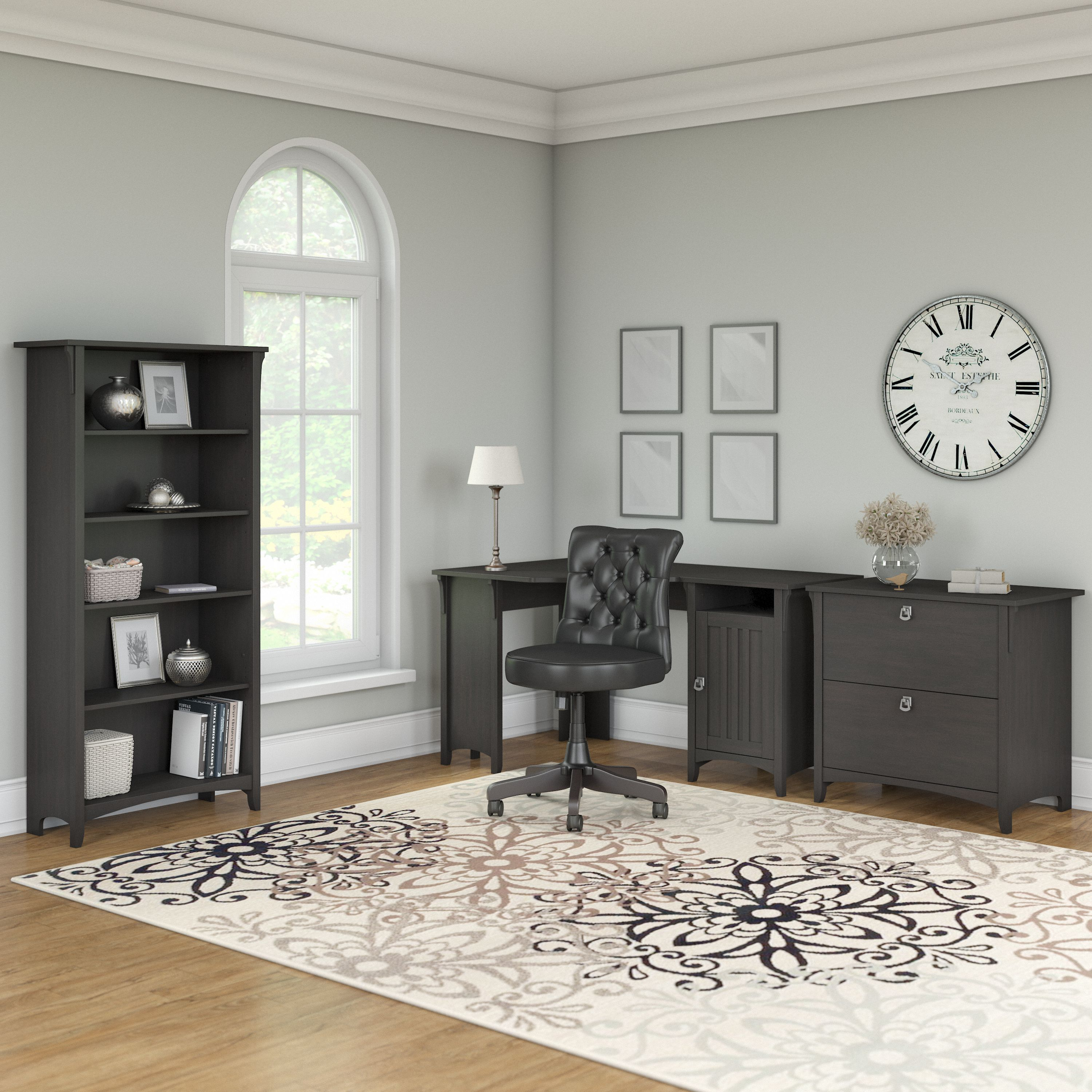 Shop Bush Furniture Salinas 55W Corner Desk with Lateral File Cabinet and 5 Shelf Bookcase 01 SAL013VB #color_vintage black