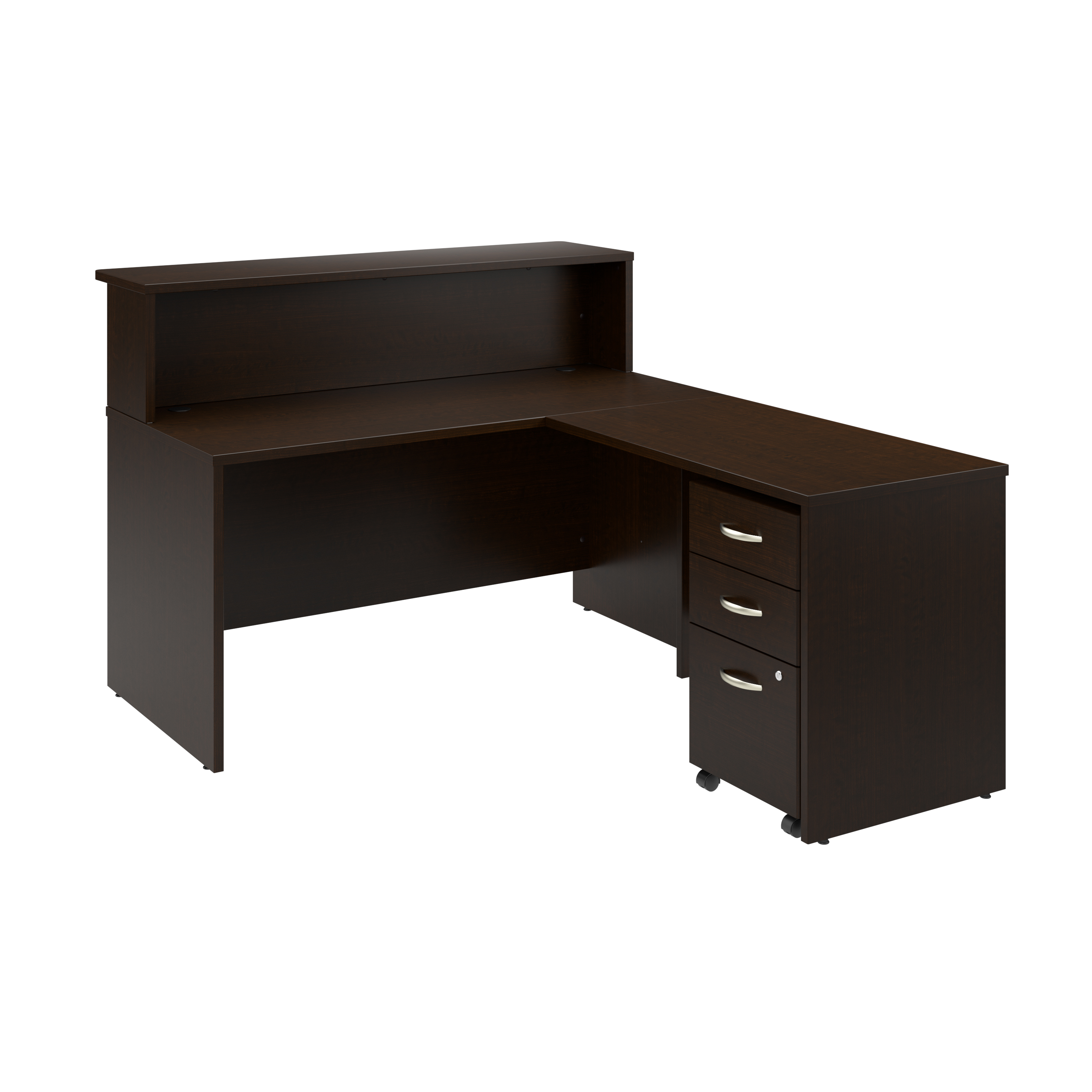Shop Bush Business Furniture Arrive 60W x 72D L Shaped Reception Desk with Shelf and Mobile File Cabinet 02 ARV004MR #color_mocha cherry
