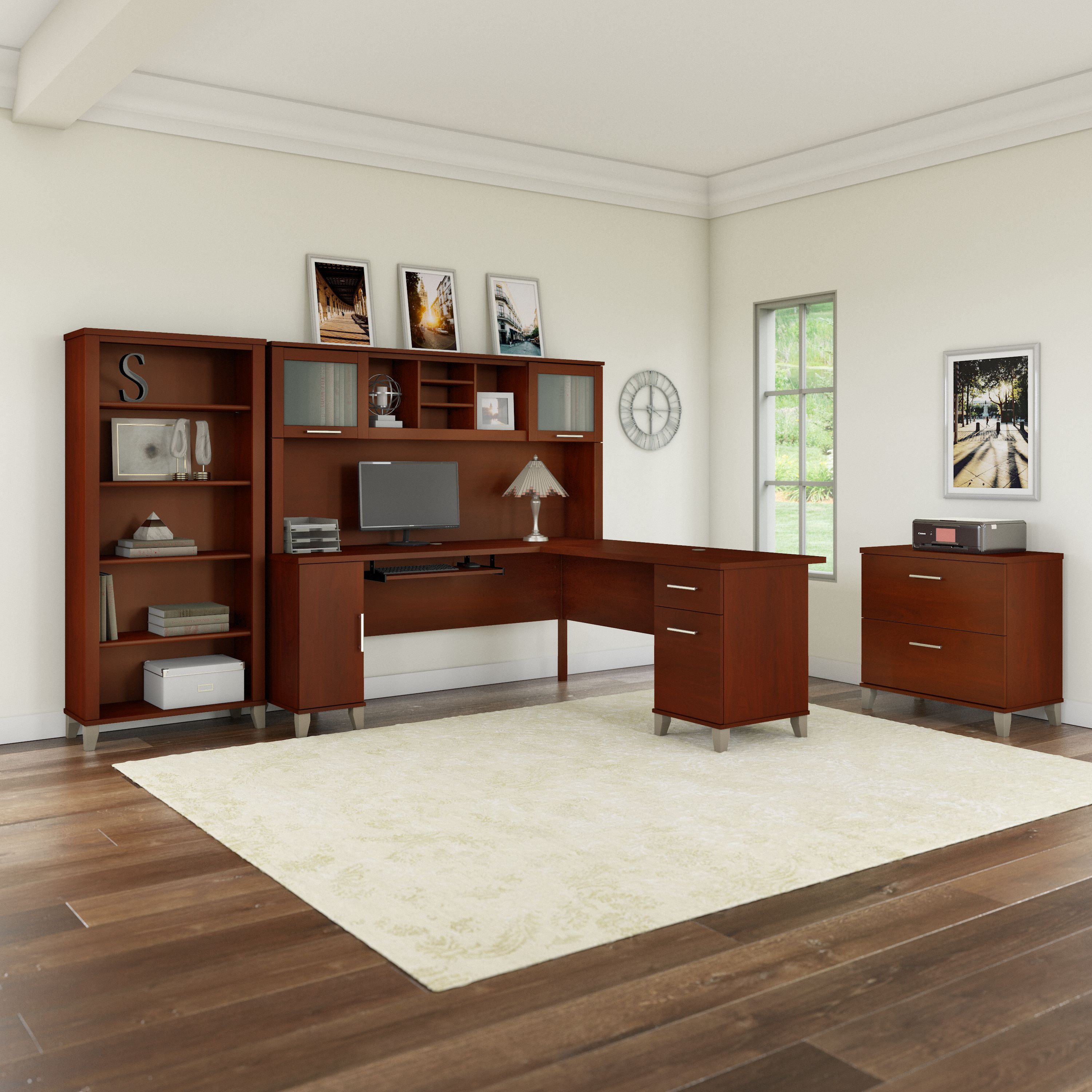 Shop Bush Furniture Somerset 72W L Shaped Desk with Hutch, Lateral File Cabinet and Bookcase 01 SET012HC #color_hansen cherry