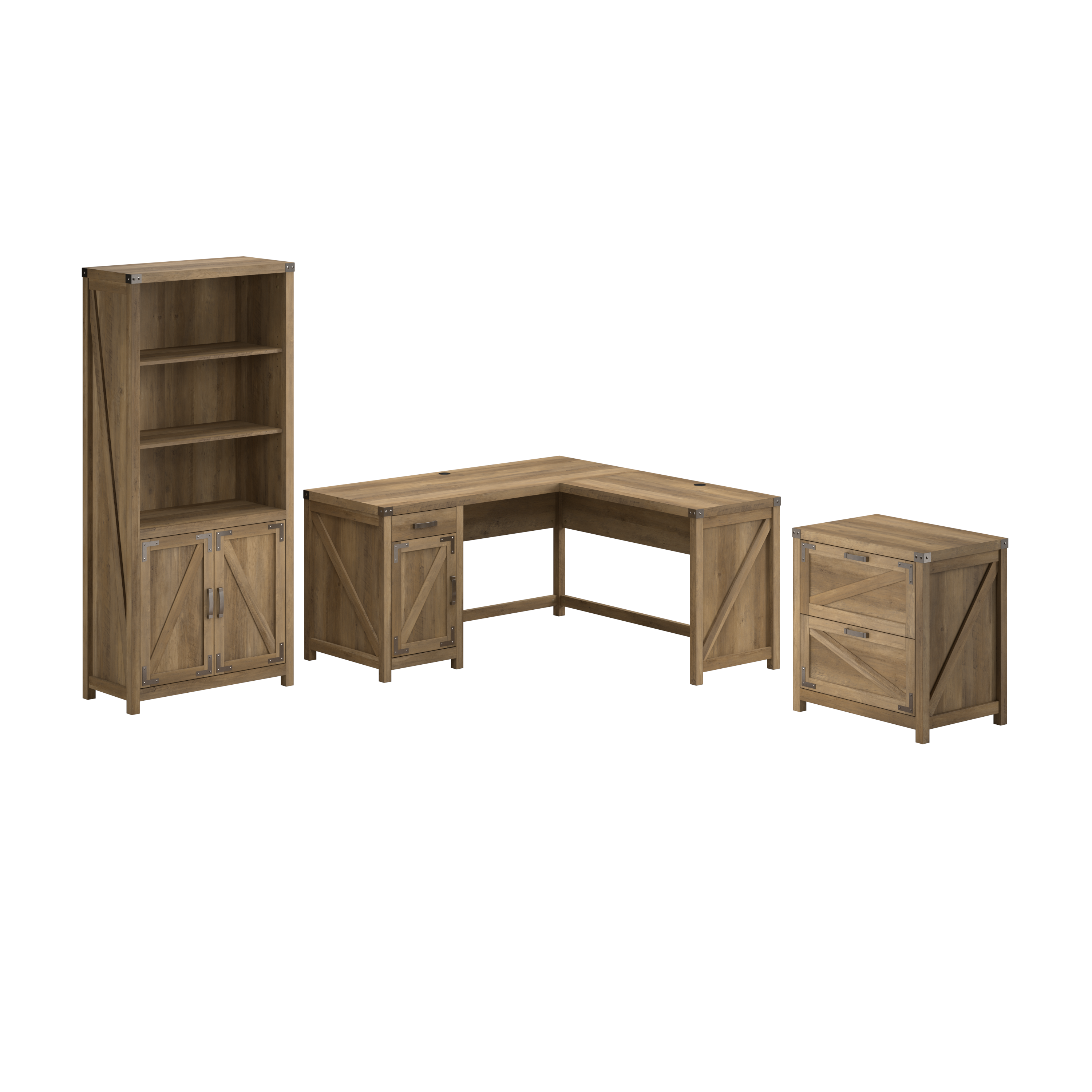 Shop Bush Furniture Knoxville 60W L Shaped Desk with Lateral File Cabinet and 5 Shelf Bookcase 02 CGR005RCP #color_reclaimed pine