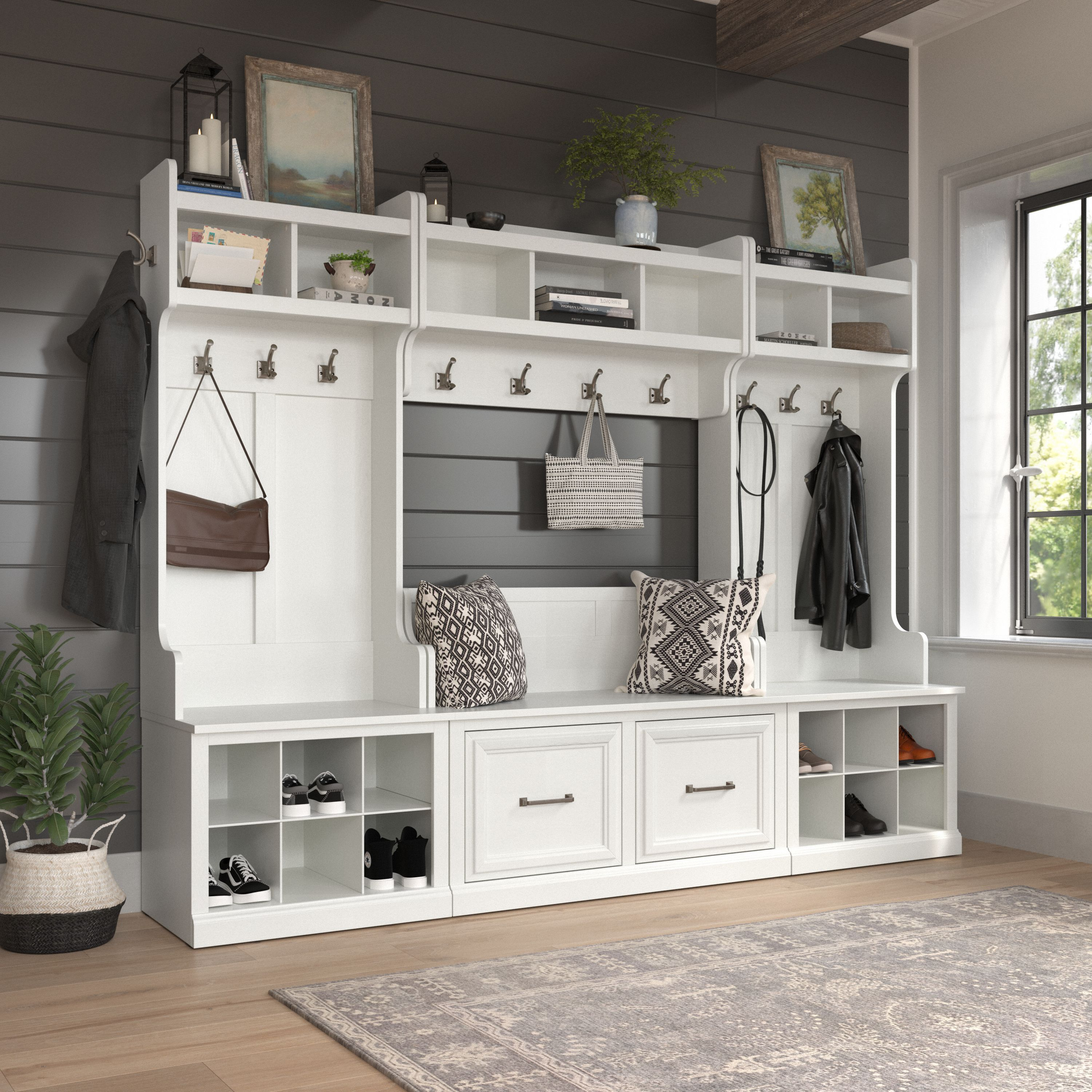 Shop Bush Furniture Woodland Full Entryway Storage Set with Coat Rack and Shoe Bench with Doors 01 WDL013WAS #color_white ash