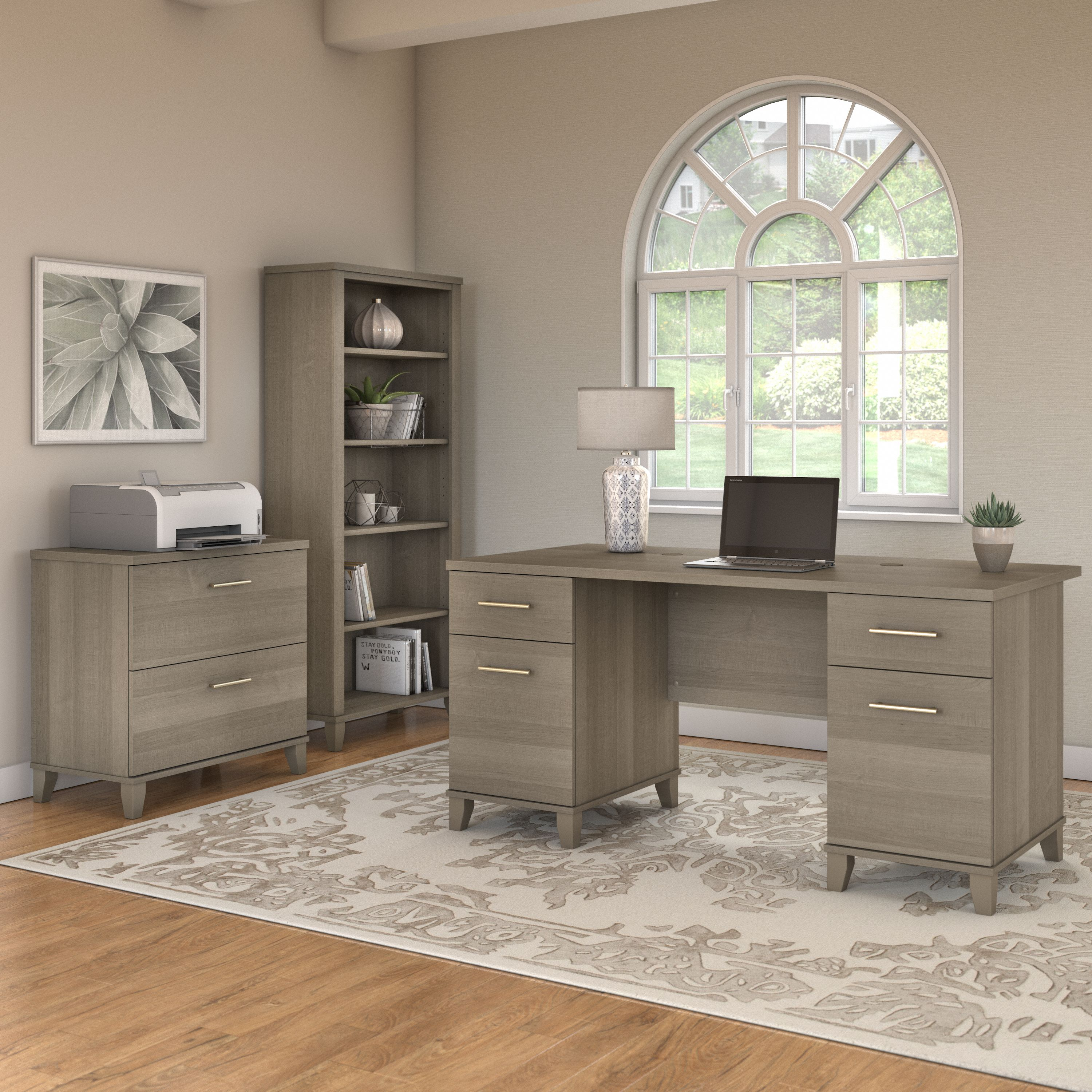Shop Bush Furniture Somerset 60W Office Desk with Lateral File Cabinet and 5 Shelf Bookcase 01 SET013AG #color_ash gray