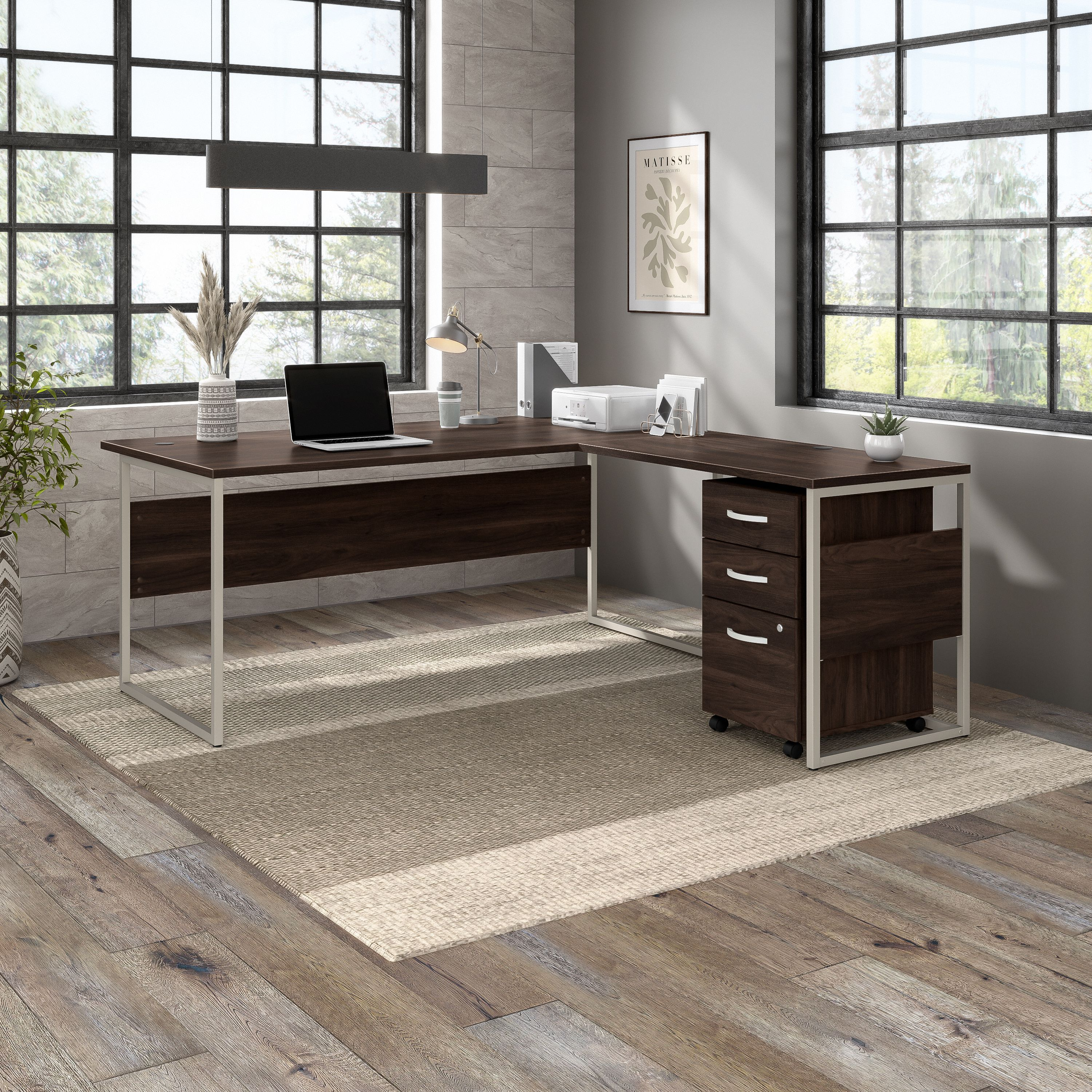 Shop Bush Business Furniture Hybrid 72W x 36D L Shaped Table Desk with 3 Drawer Mobile File Cabinet 01 HYB010BWSU #color_black walnut