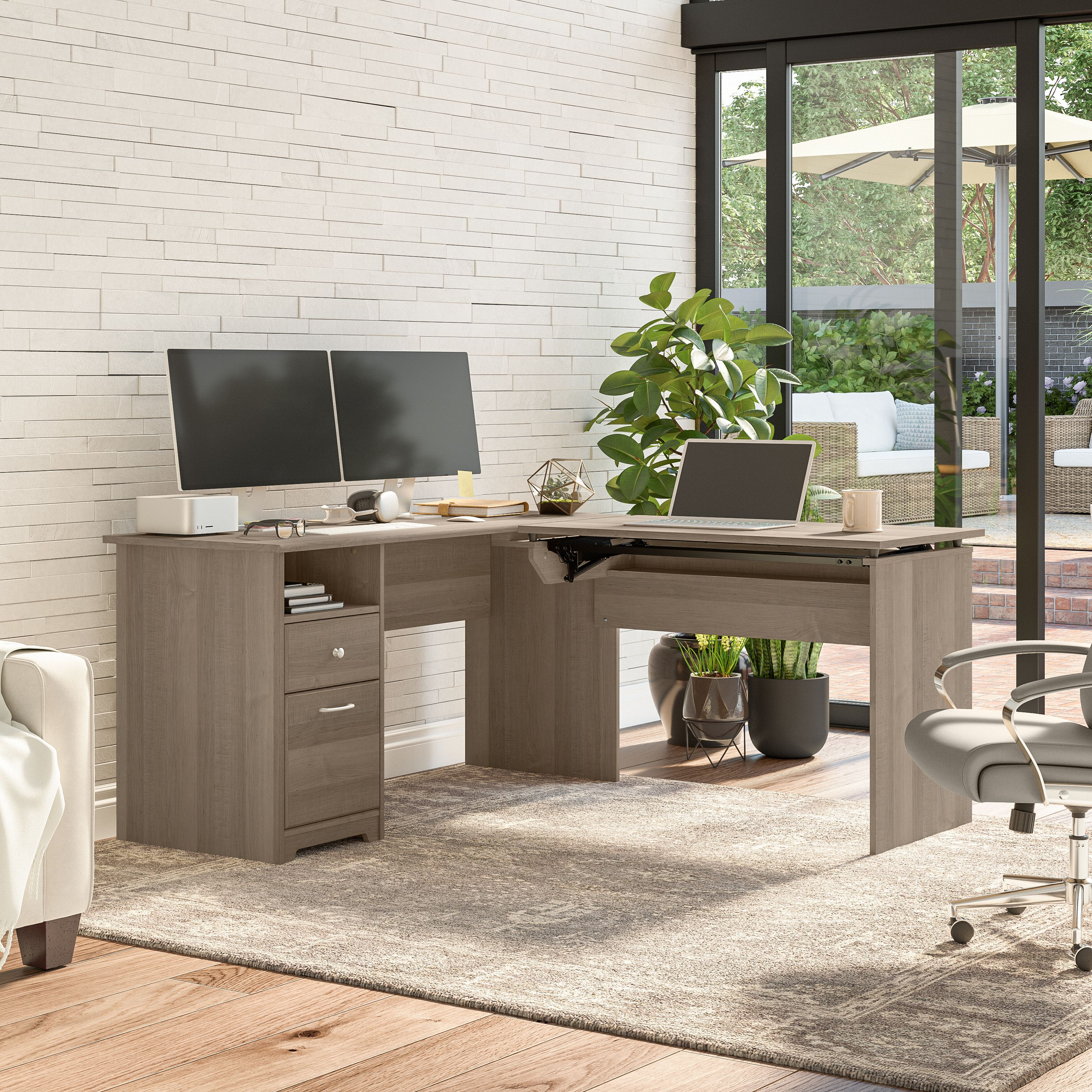 Shop Bush Furniture Cabot 60W 3 Position Sit to Stand L Shaped Desk 06 CAB043AG #color_ash gray