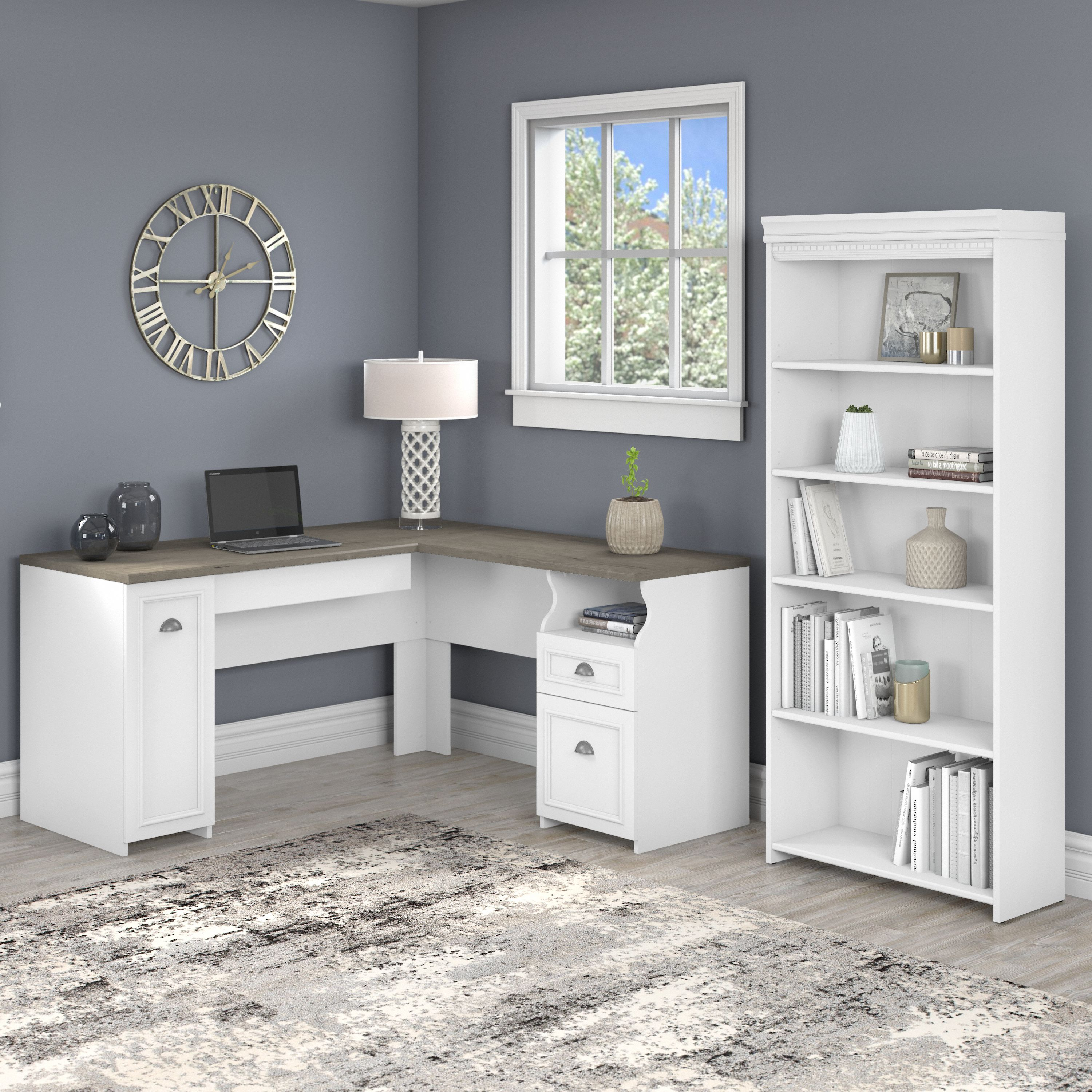 Shop Bush Furniture Fairview 60W L Shaped Desk with 5 Shelf Bookcase 01 FV007G2W #color_shiplap gray