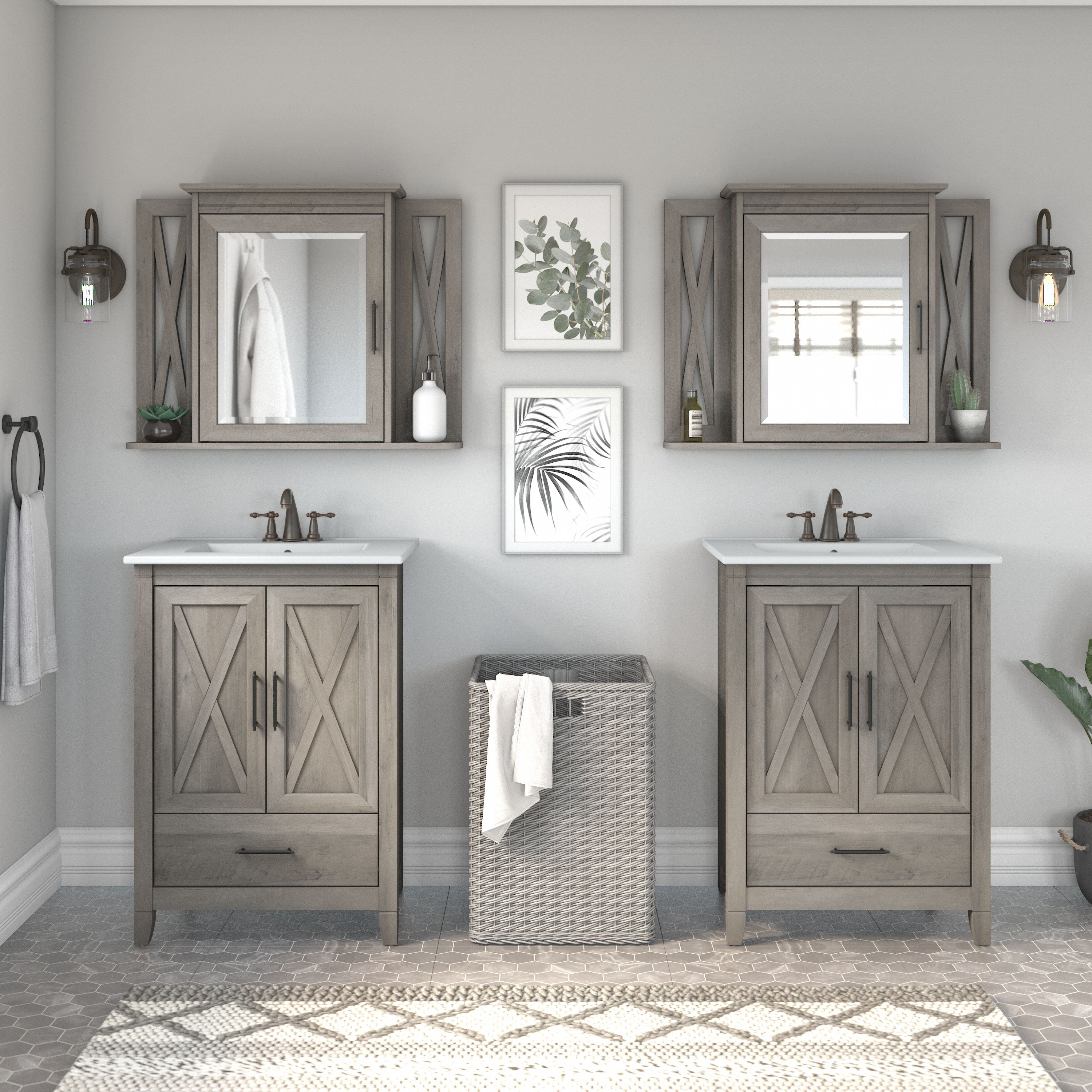 Shop Bush Furniture Key West 48W Double Vanity Set with Sinks and Medicine Cabinets 01 KWS041DG #color_driftwood gray