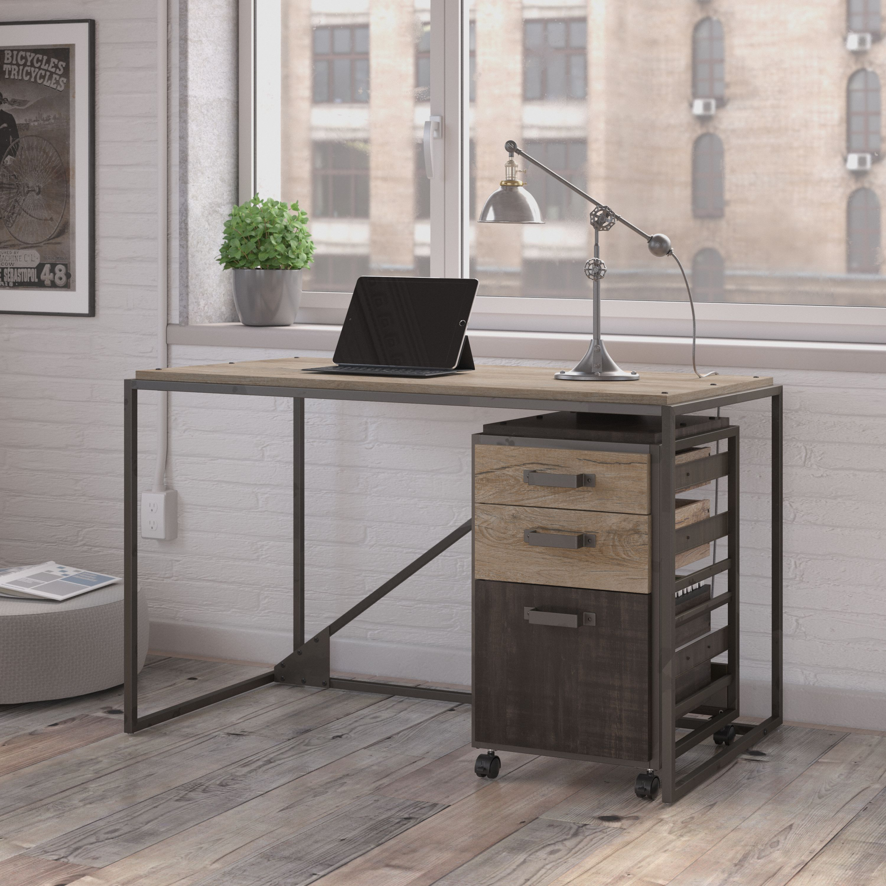 Shop Bush Furniture Refinery 50W Industrial Desk with 3 Drawer Mobile File Cabinet 01 RFY006RG #color_rustic gray/charred wood