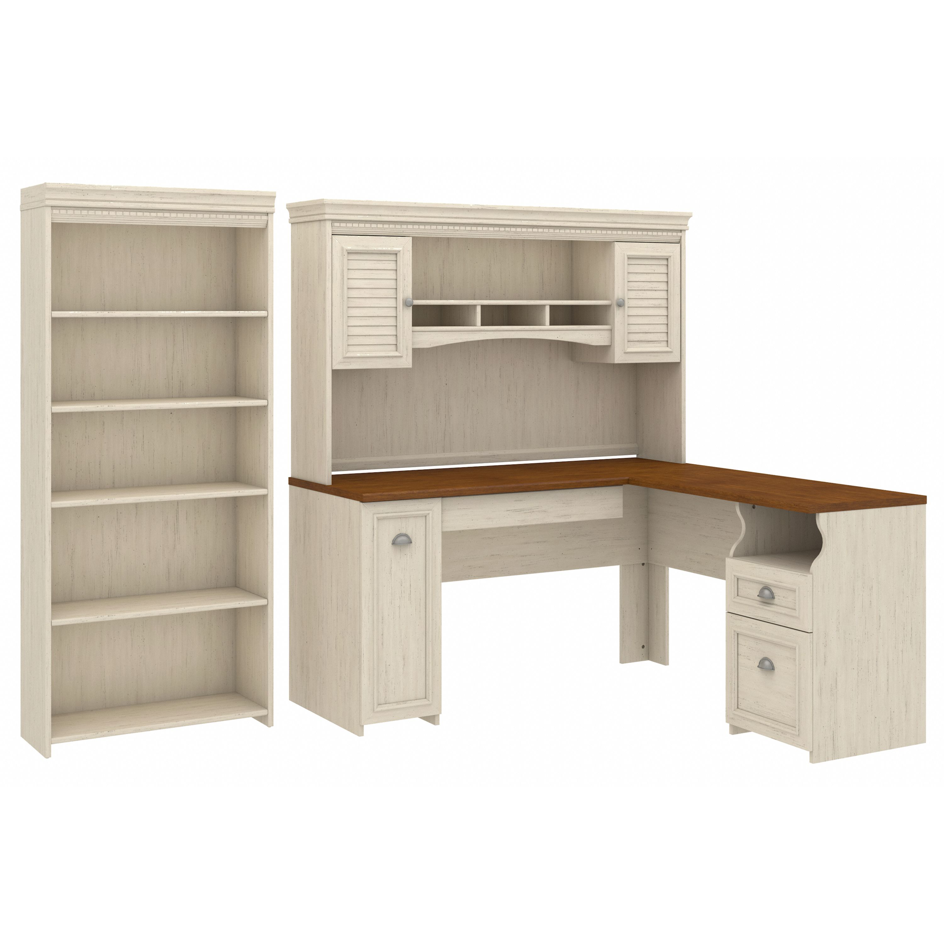 Shop Bush Furniture Fairview 60W L Shaped Desk with Hutch and 5 Shelf Bookcase 02 FV005AW #color_antique white