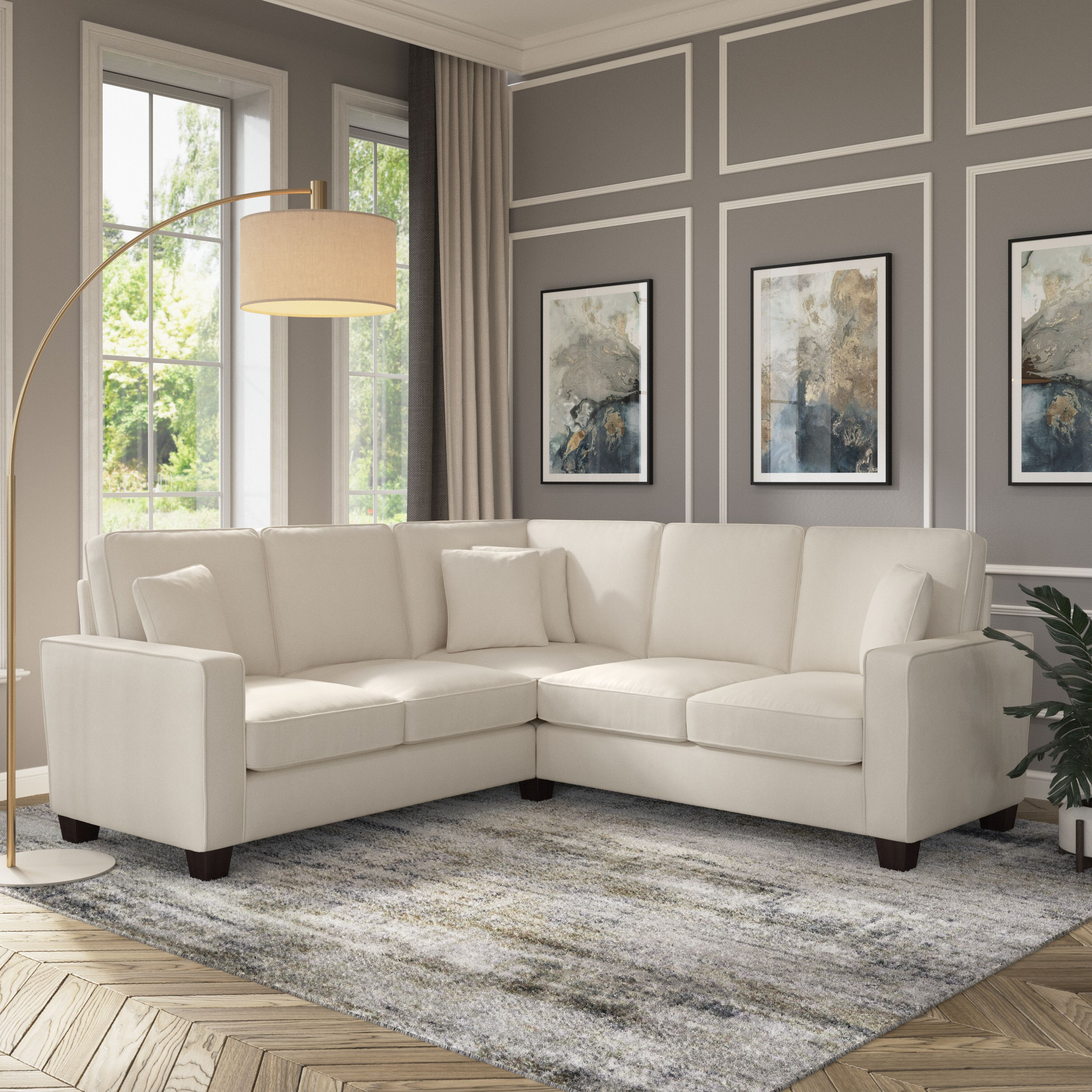 Shop Bush Furniture Stockton 87W L Shaped Sectional Couch 01 SNY86SCRH-03K #color_cream herringbone fabric
