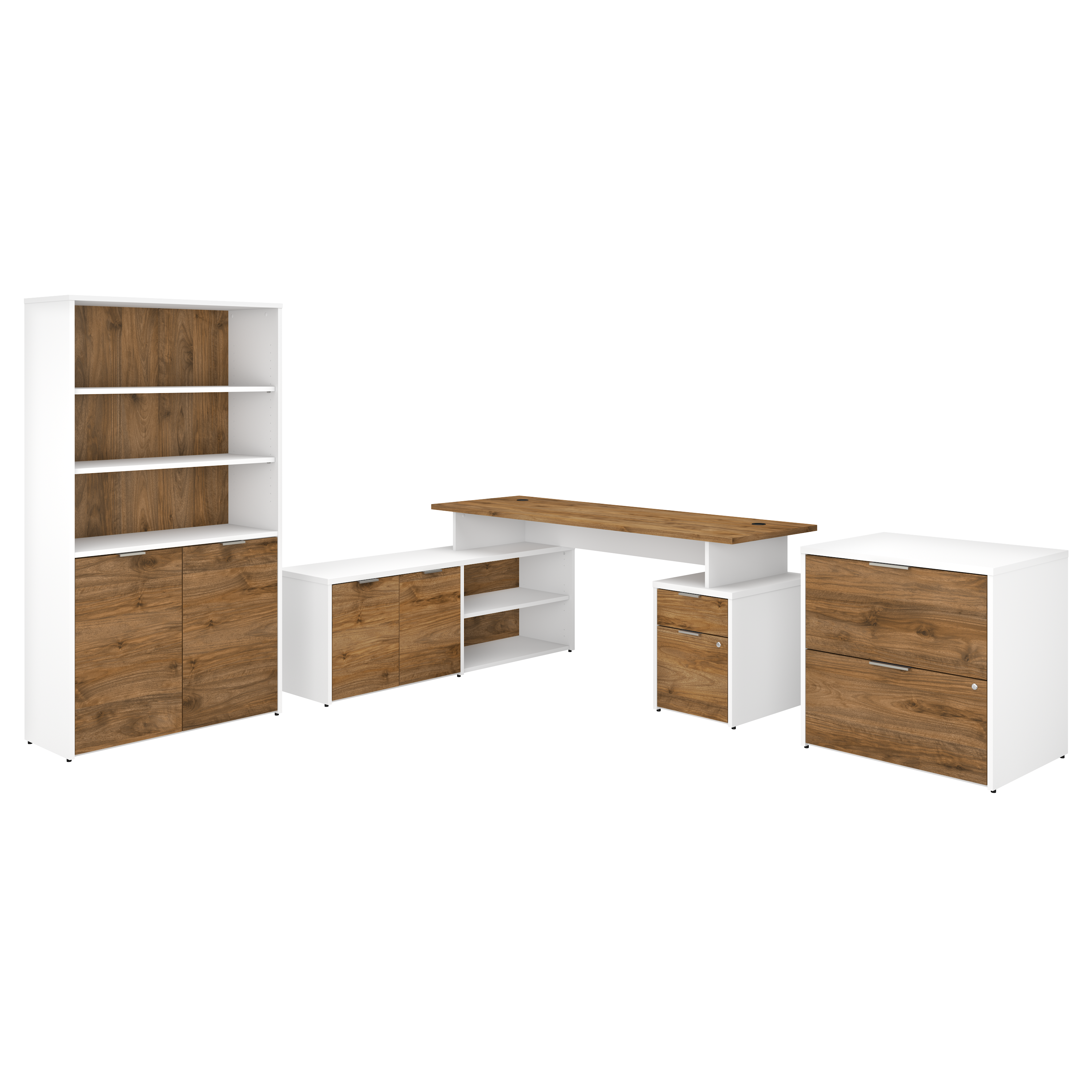 Shop Bush Business Furniture Jamestown 72W L Shaped Desk with Lateral File Cabinet and 5 Shelf Bookcase 02 JTN011FWWHSU #color_fresh walnut/white