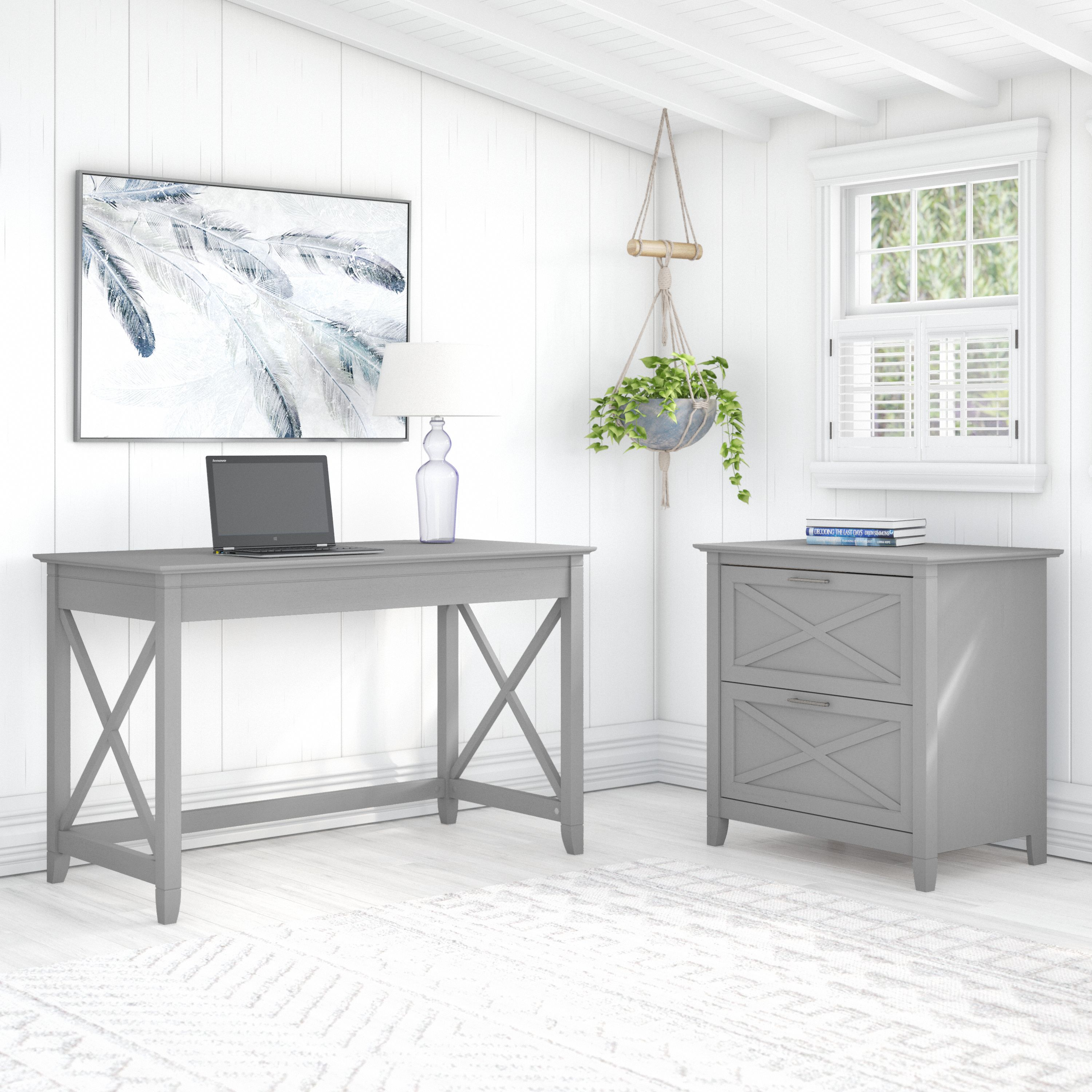 Shop Bush Furniture Key West 48W Writing Desk with 2 Drawer Lateral File Cabinet 01 KWS003CG #color_cape cod gray