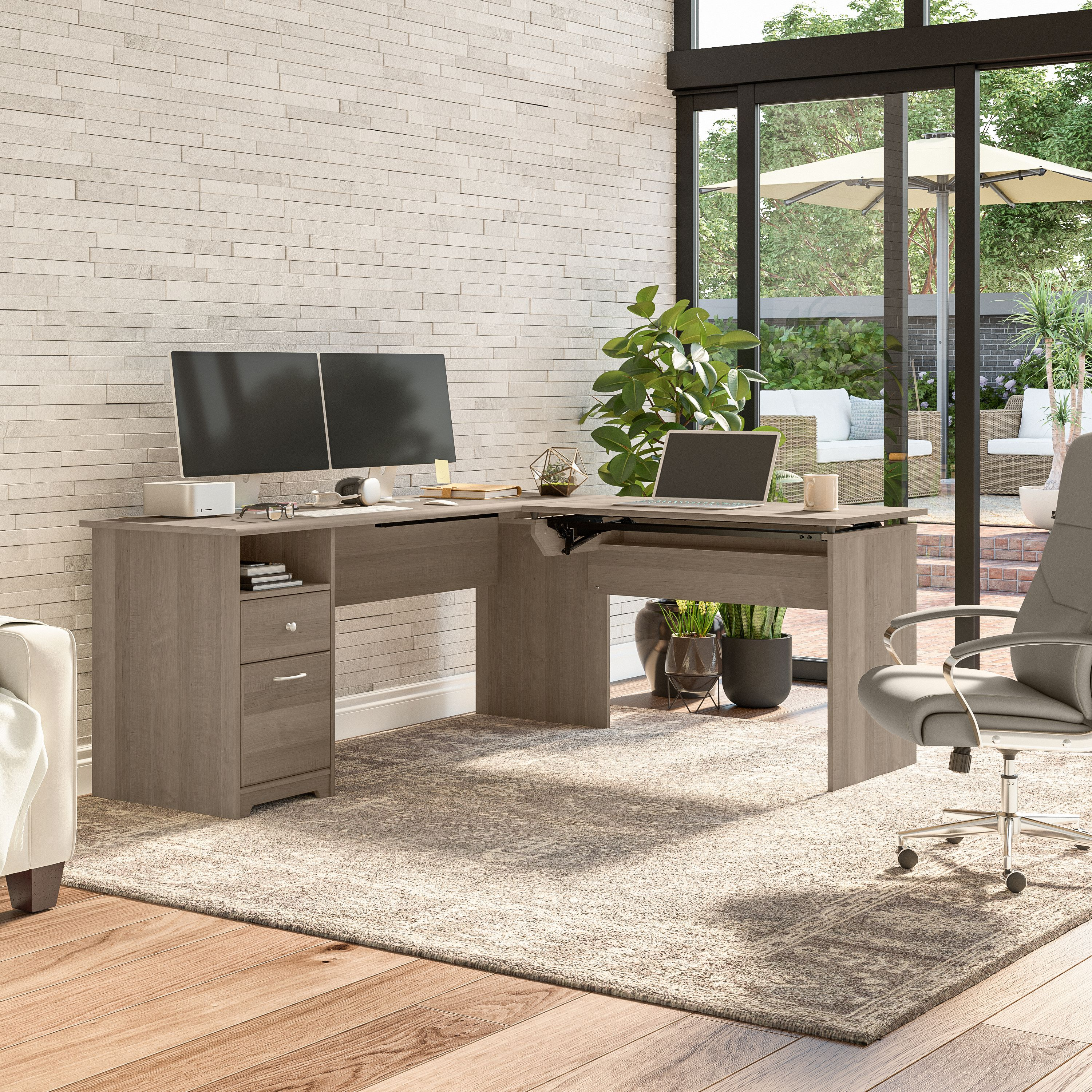 Shop Bush Furniture Cabot 72W 3 Position Sit to Stand L Shaped Desk 06 CAB050AG #color_ash gray