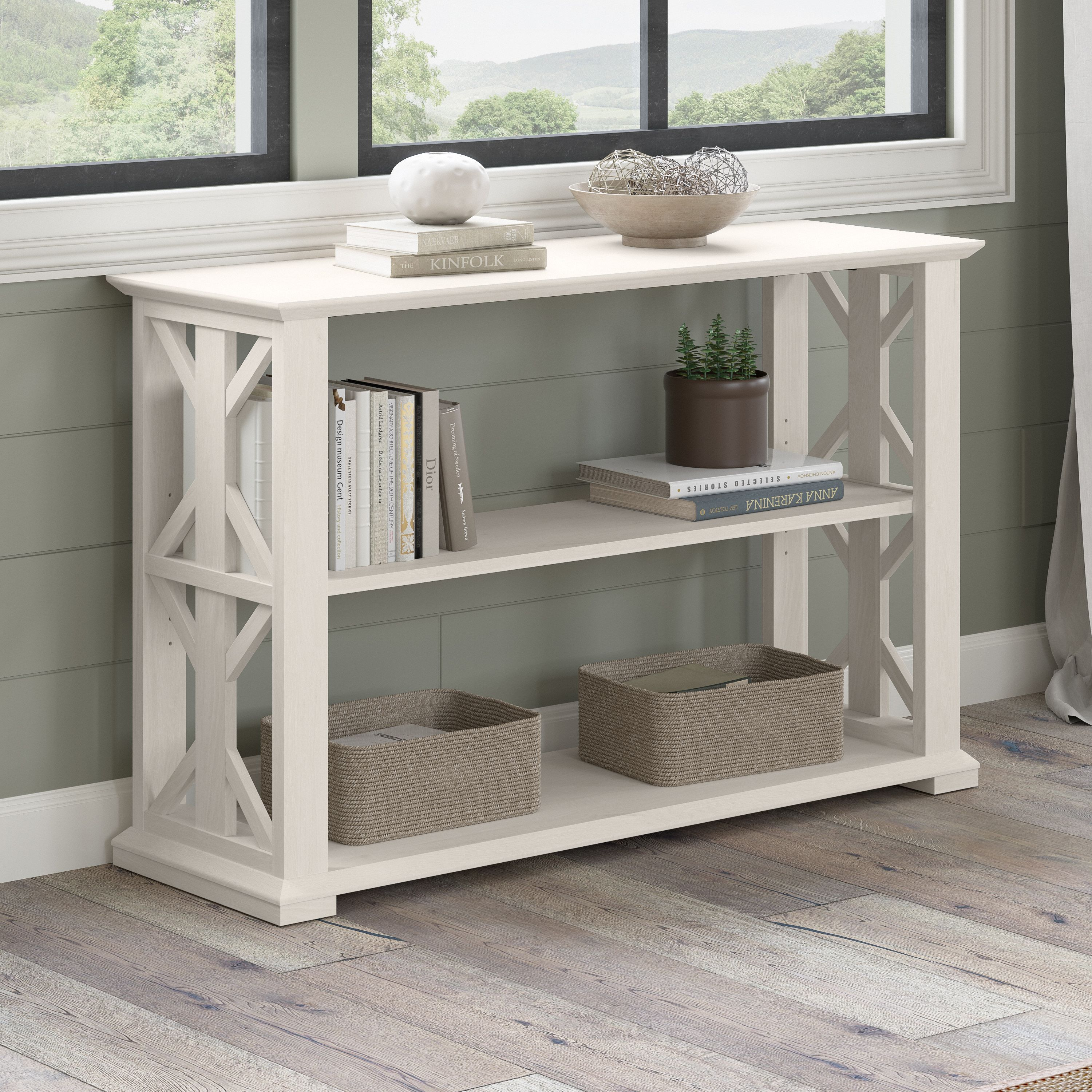 Shop Bush Furniture Homestead Console Table with Shelves 01 HOT248LW-03 #color_linen white oak